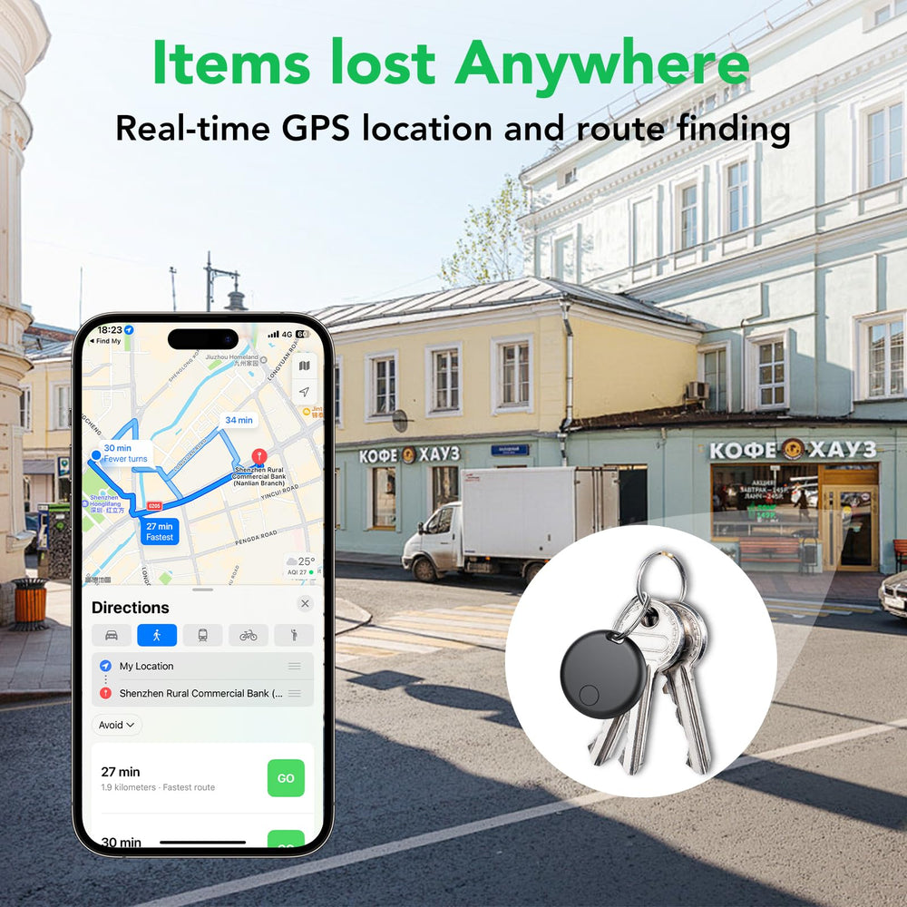 aowoka tag attached to keys and held in hand, demonstrates easy everyday use