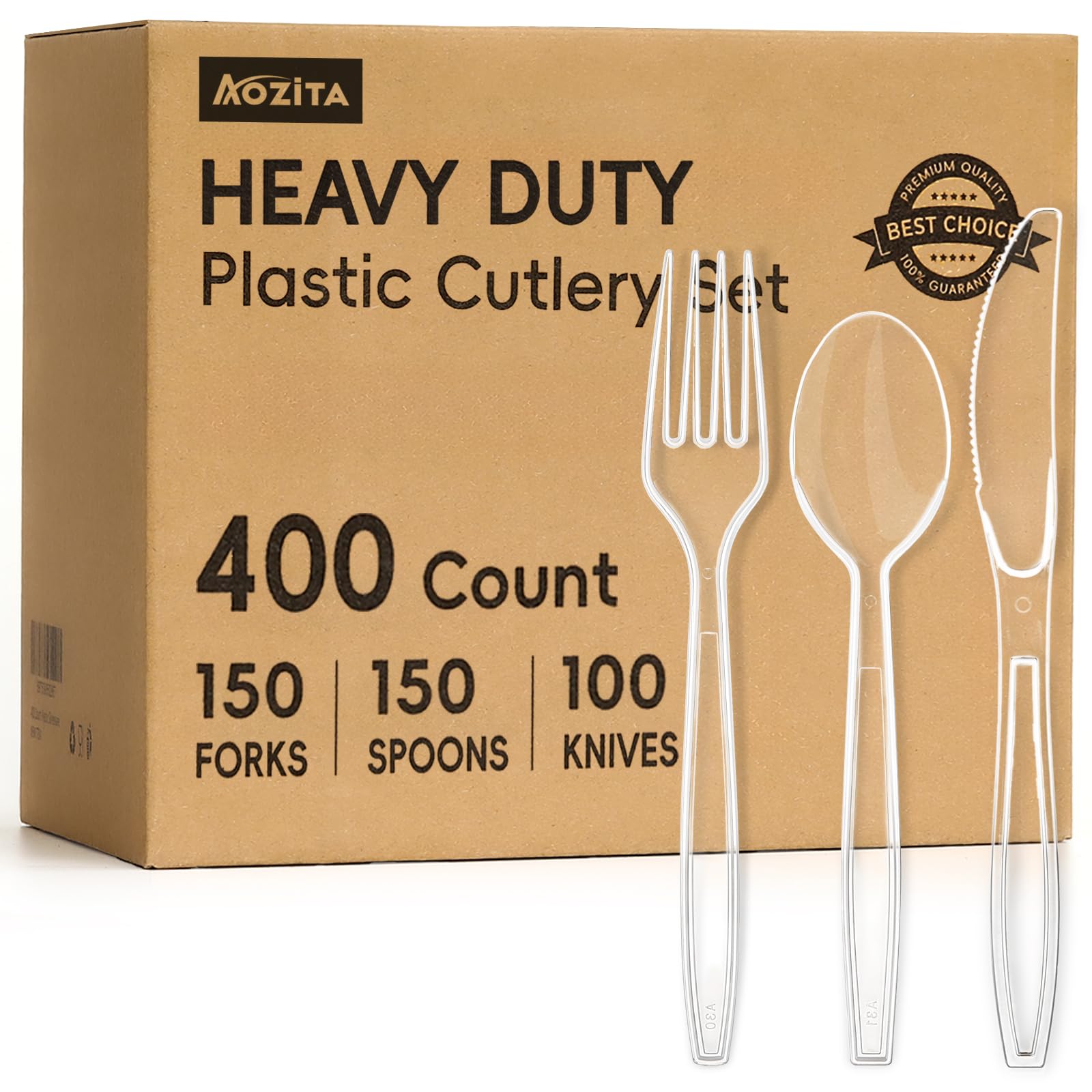 AOZITA front packaging showing 400-count clear utensils and bulk value