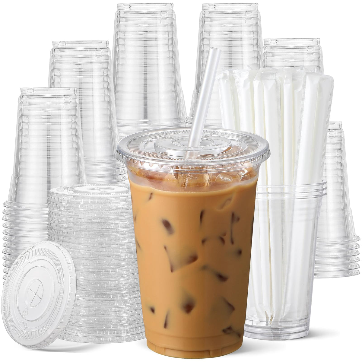 AOZITA front pack showing 24 oz cups, lids and straws, clear presentation benefit