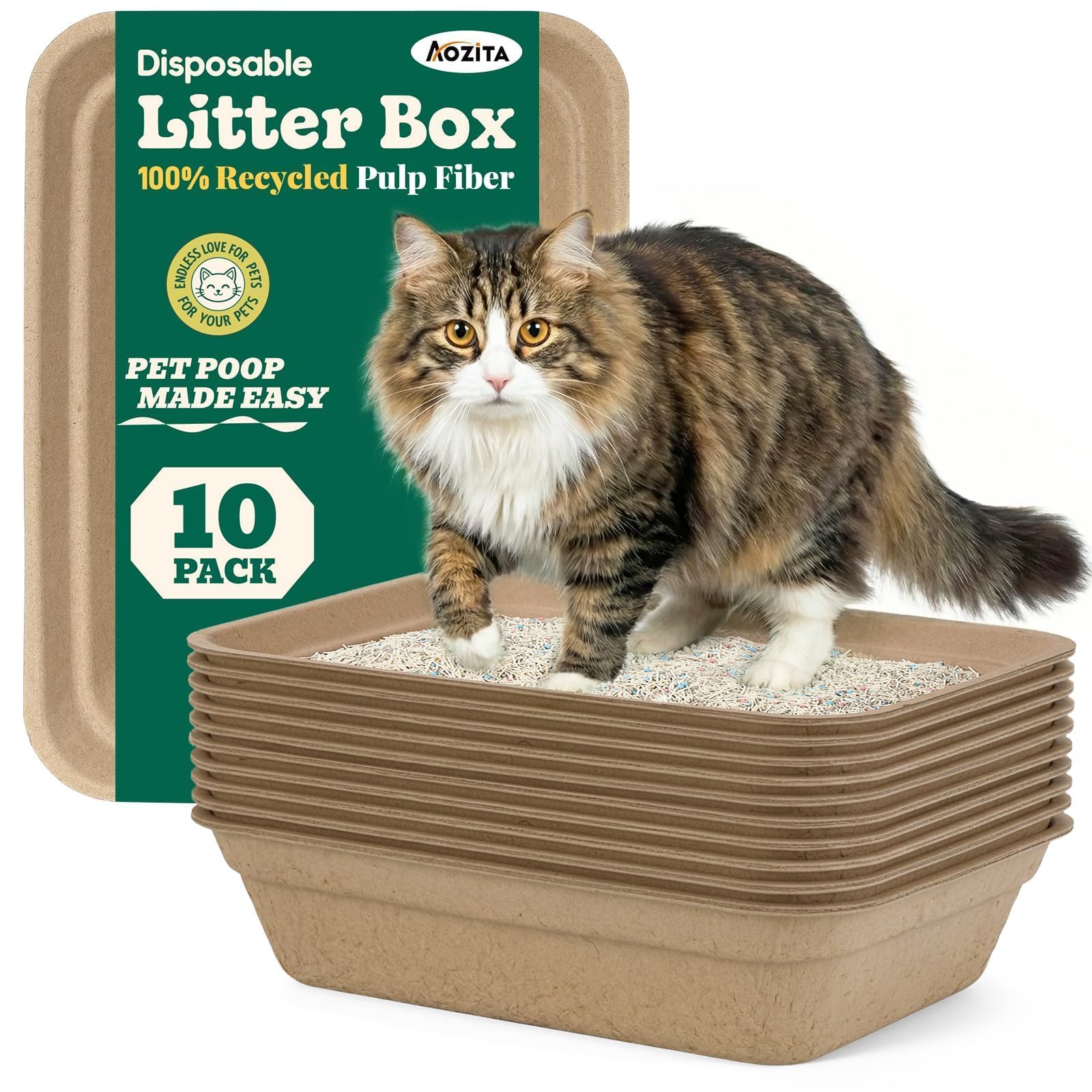 AOZITA front packaging of 10 disposable litter boxes showing convenience