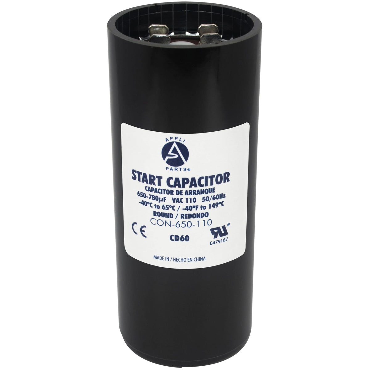 AP APPLI PARTS front view of capacitor showing label and benefits