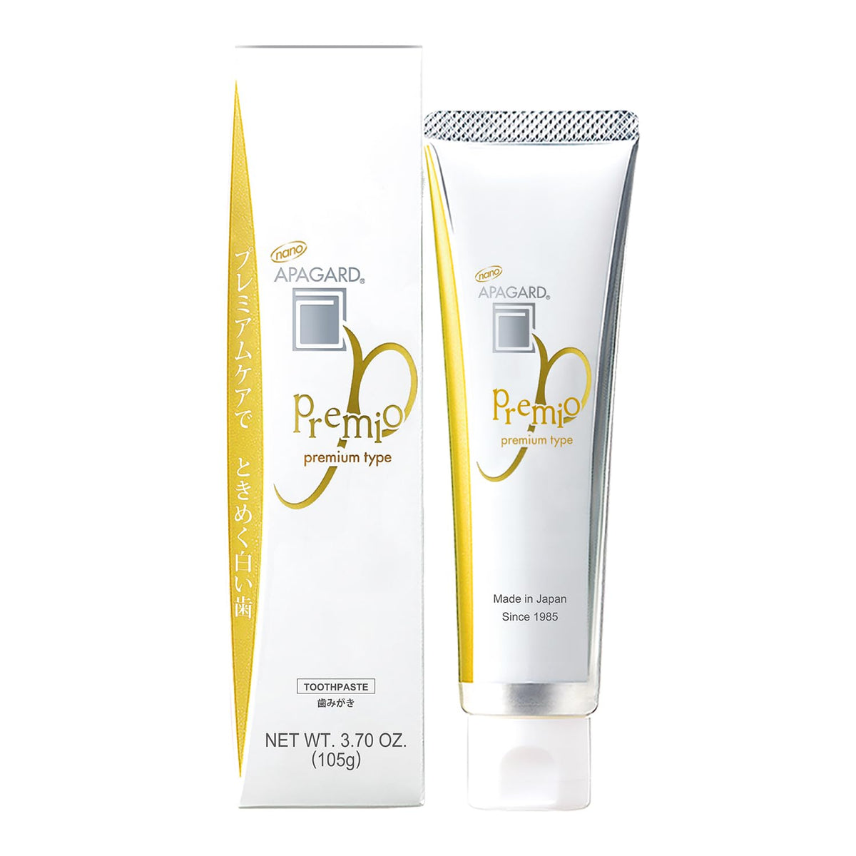 APAGARD Premio front tube showing packaging and product name, premium tooth care benefit