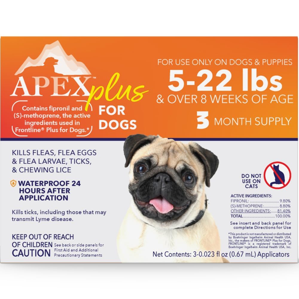 APEX ANIMAL HEALTH front packaging showing three-month small dog supply and clear dosing