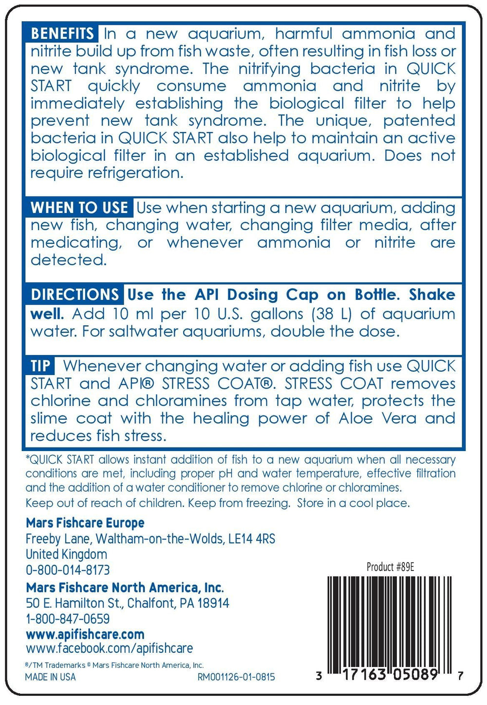API Quick Start label closeup highlighting directions and patented bacteria benefit