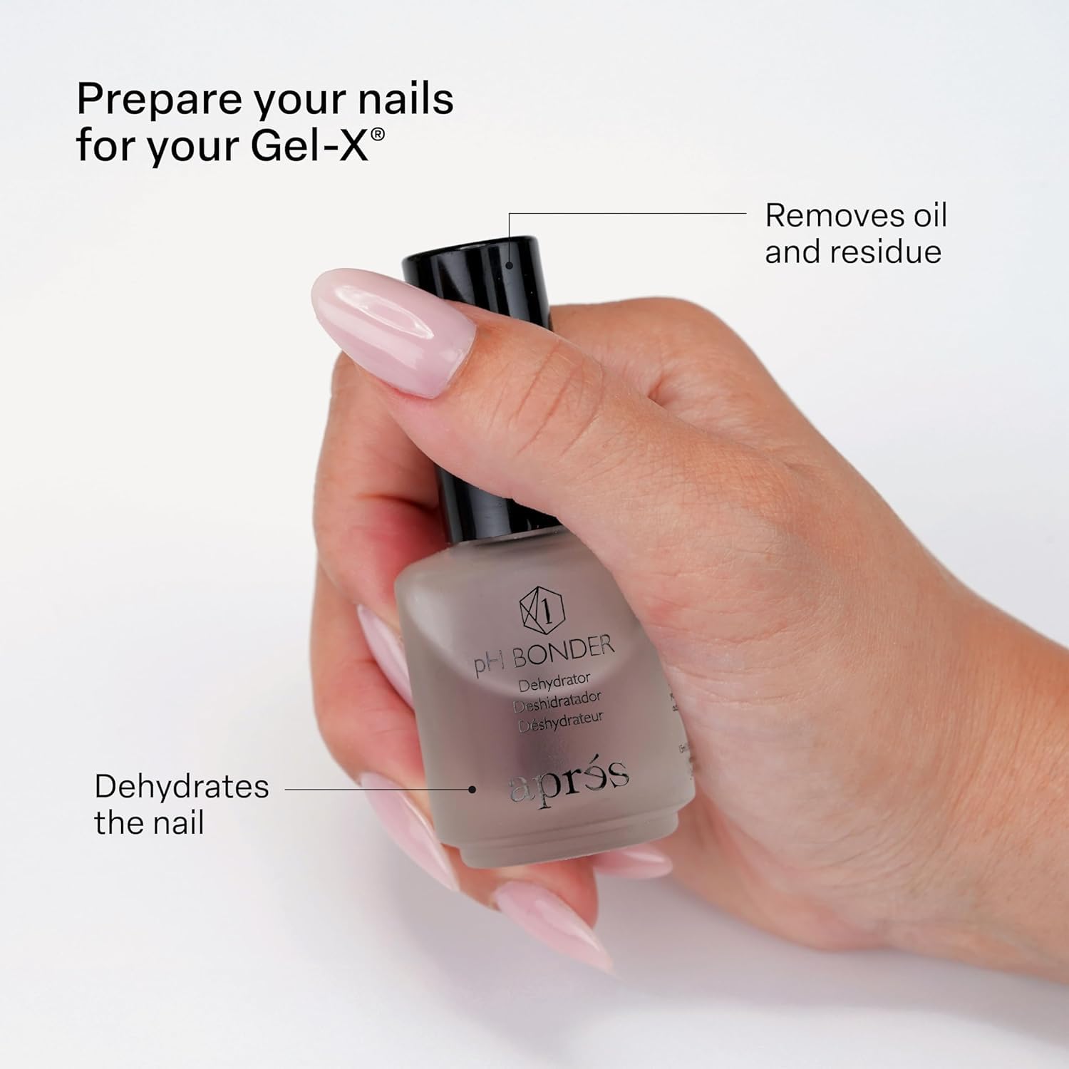 APRÉS pH Bonder bottle side view demonstrating prep reliability and balanced nails