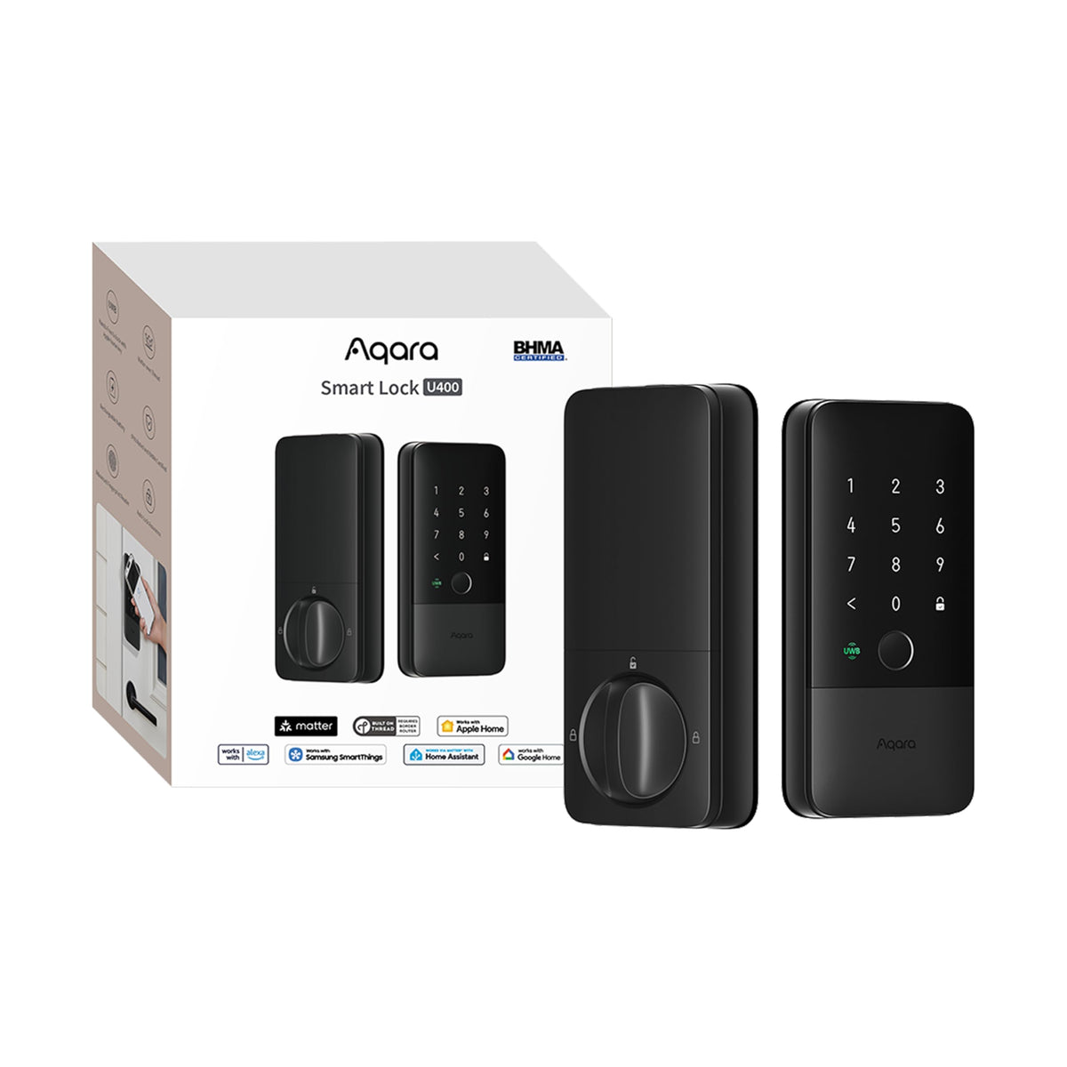 aqara U400 front view showing sleek black finish and secure deadbolt benefit