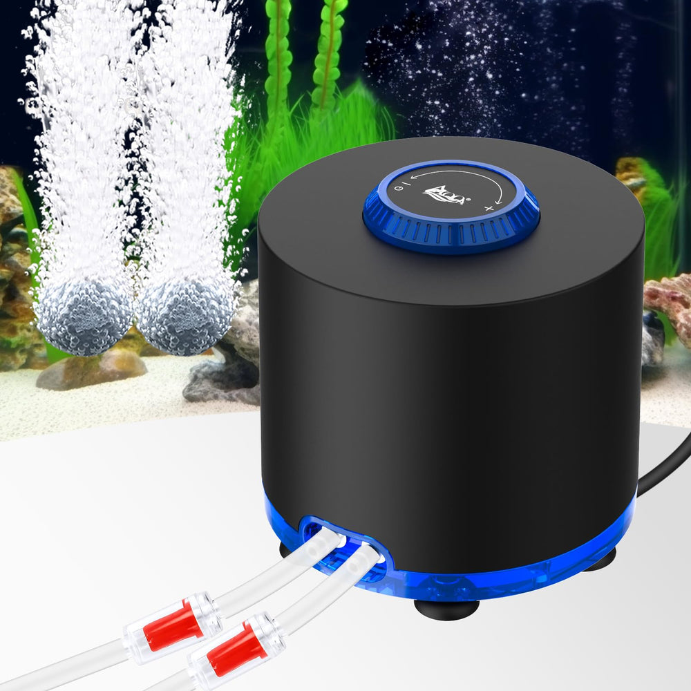 AQQA pump front view showing compact body and power cord, reliable aeration