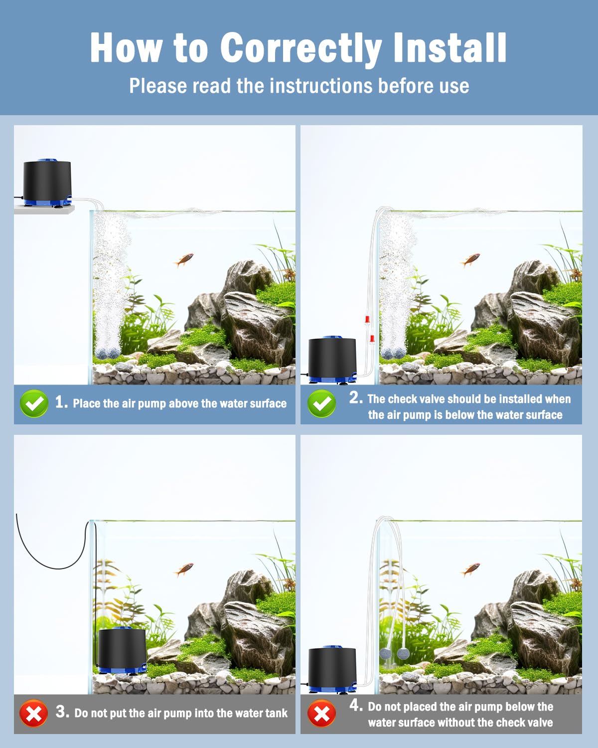 AQQA pump installed beside aquarium demonstrating quiet, efficient oxygenation