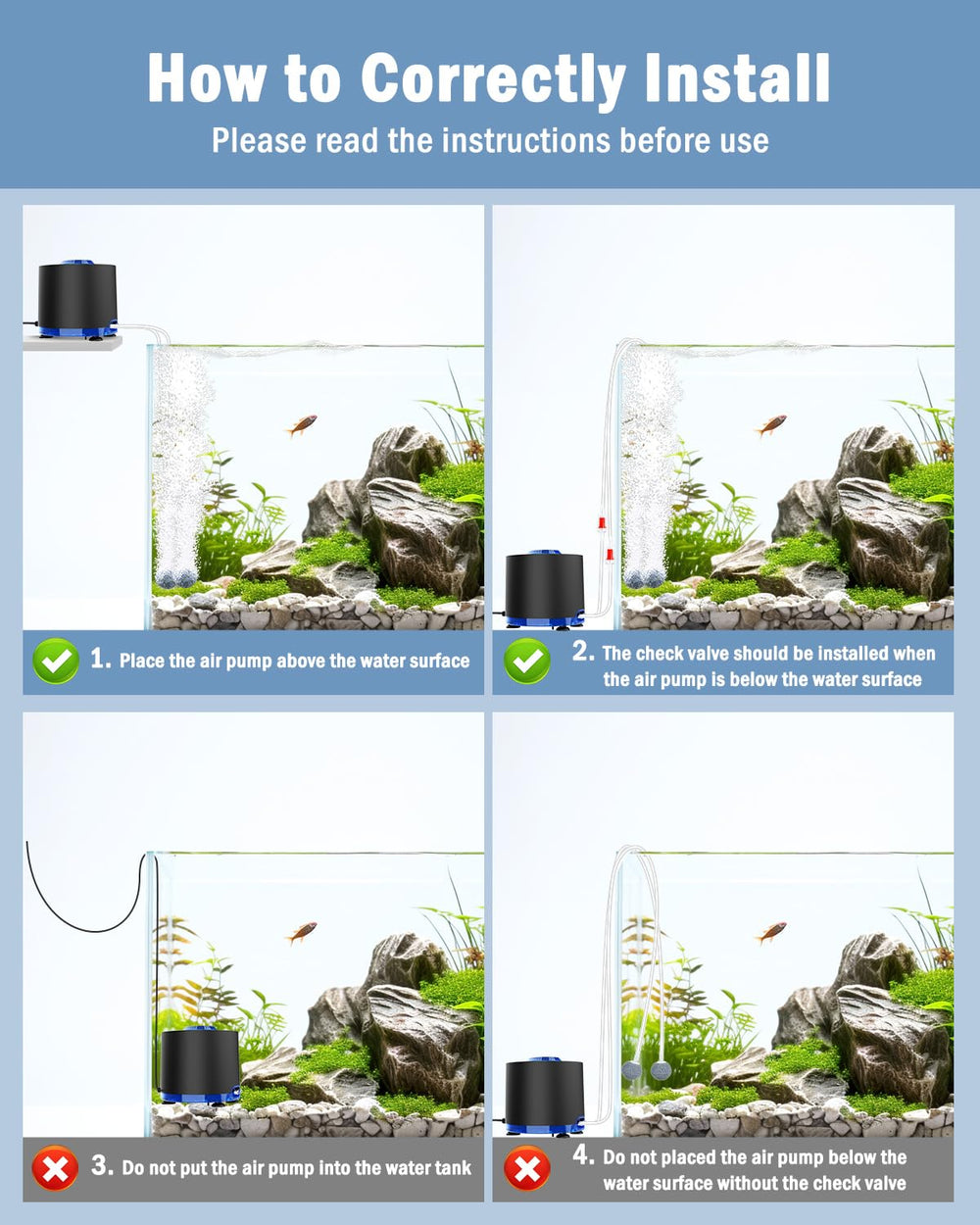 AQQA pump installed beside aquarium demonstrating quiet, efficient oxygenation