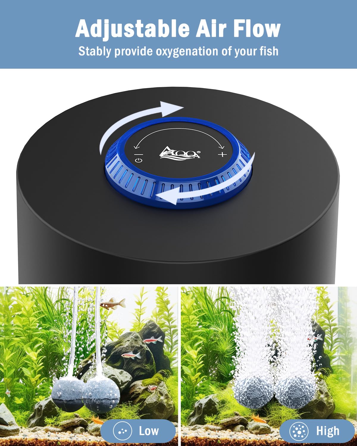 AQQA top knob close-up showing adjustable airflow control for precise bubbles