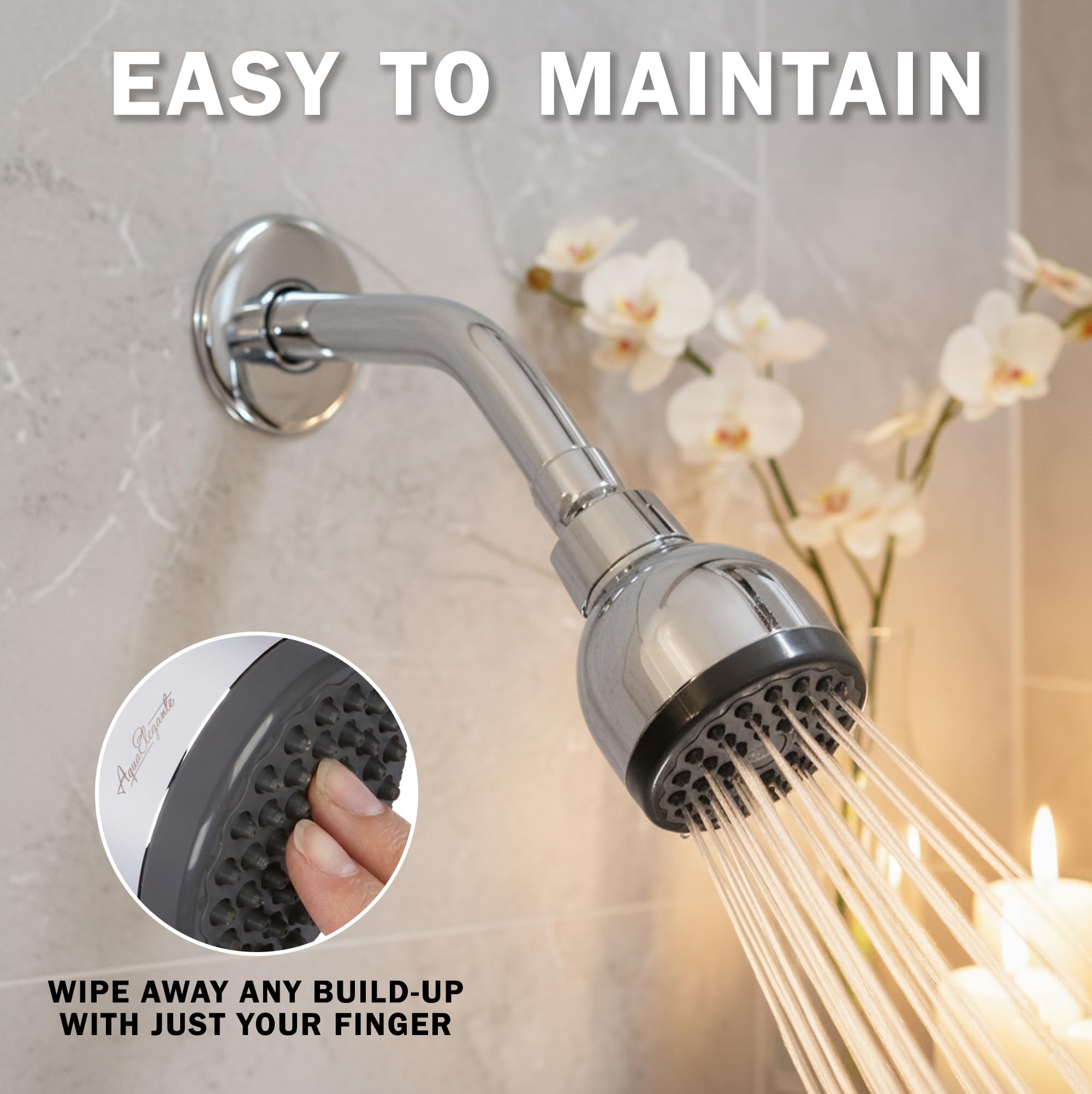 Aqua Elegante beside shower arm for quick size and fit reference