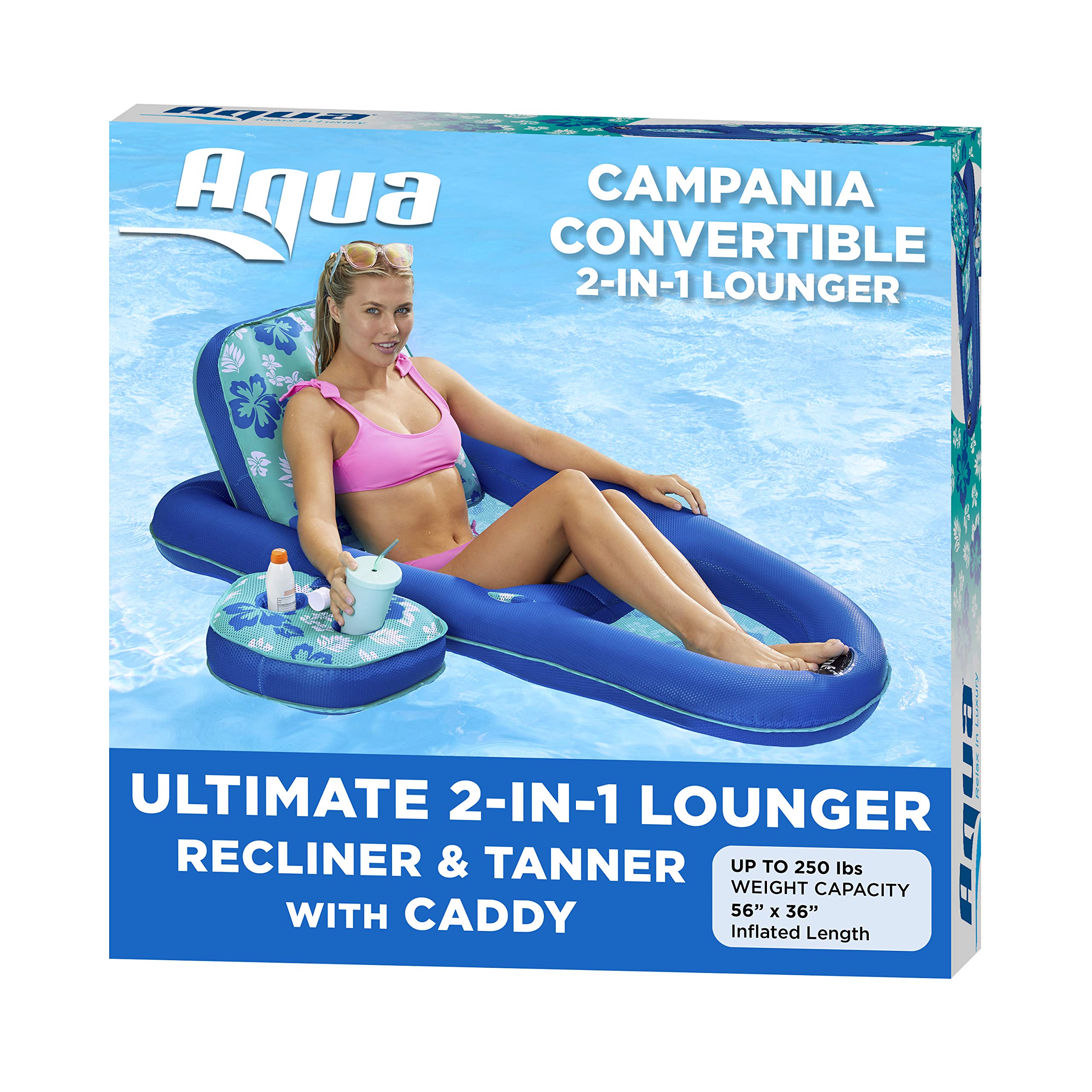 Aqua LEISURE front view of teal hibiscus lounger showing full recline and comfort
