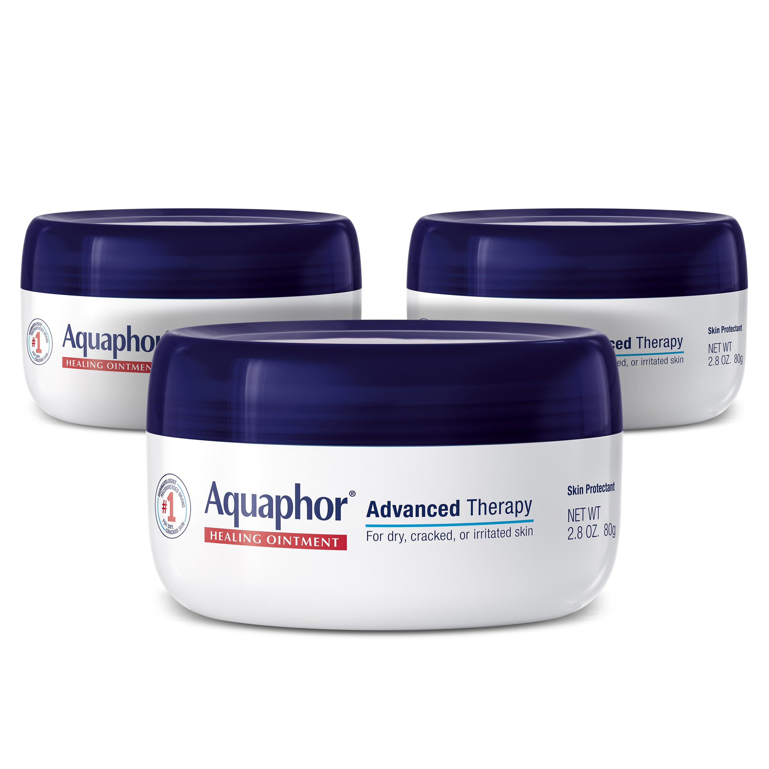 Aquaphor front packaging showing three jars and easy access benefit