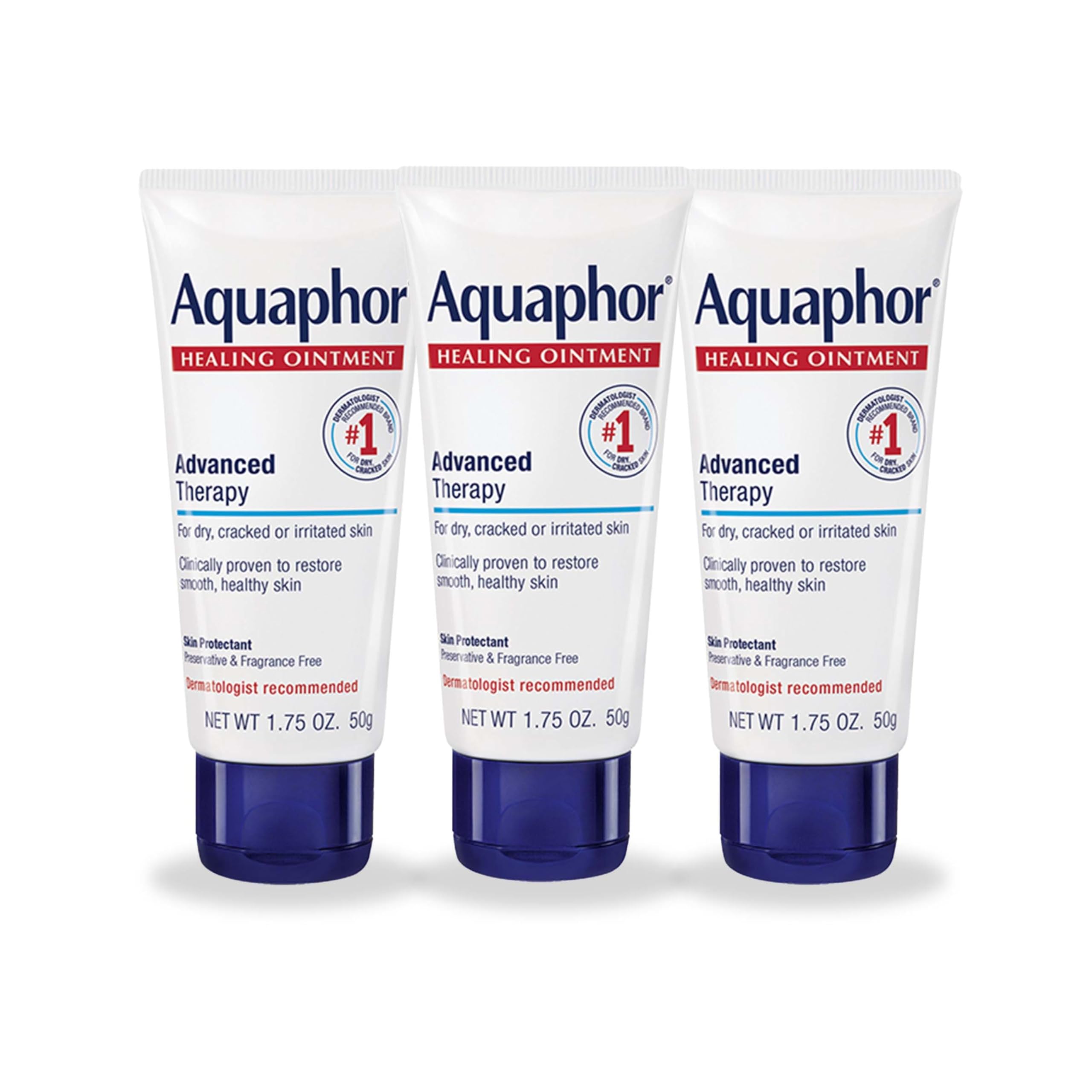 Aquaphor front packaging showing three tubes and portability benefit