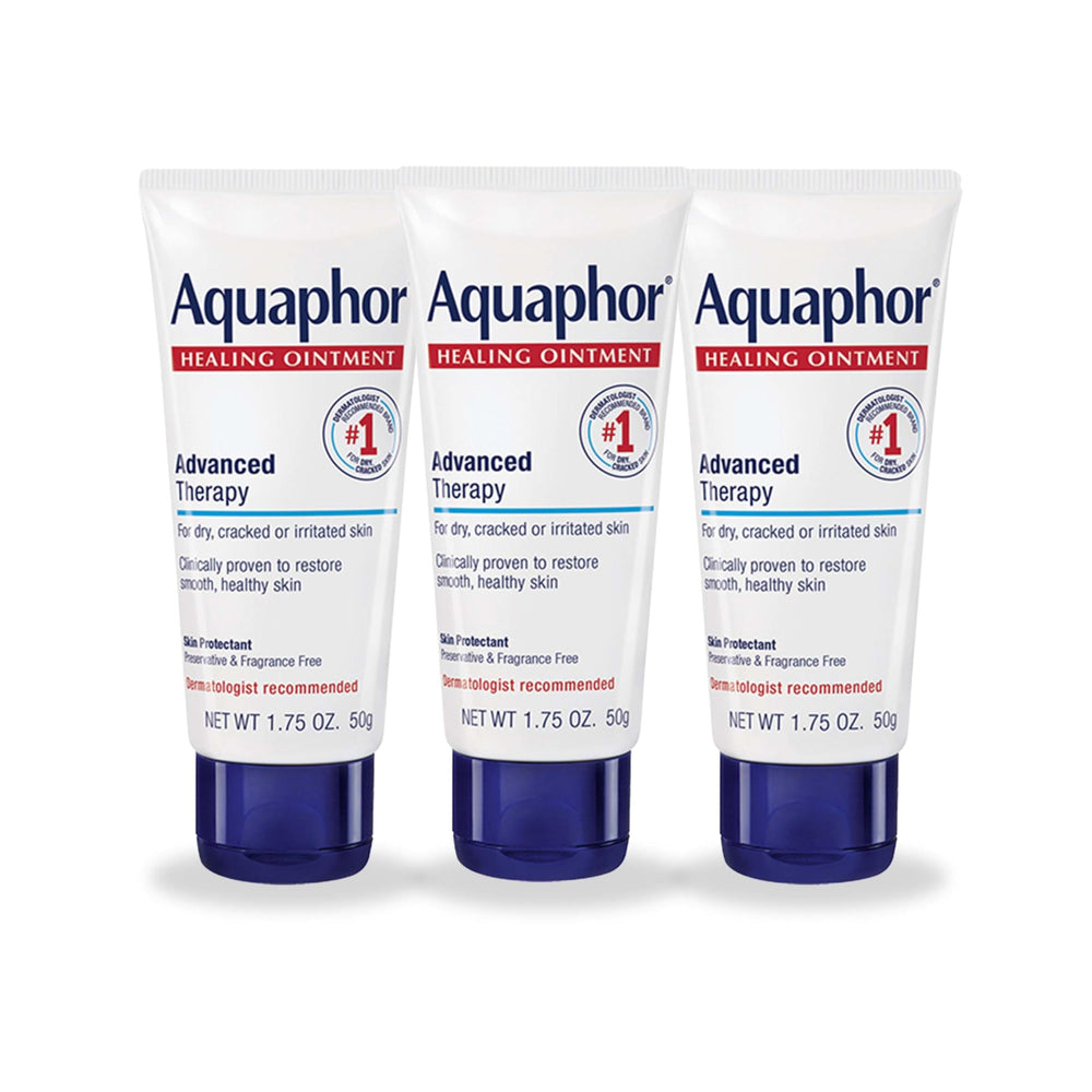 Aquaphor front packaging showing three tubes and portability benefit