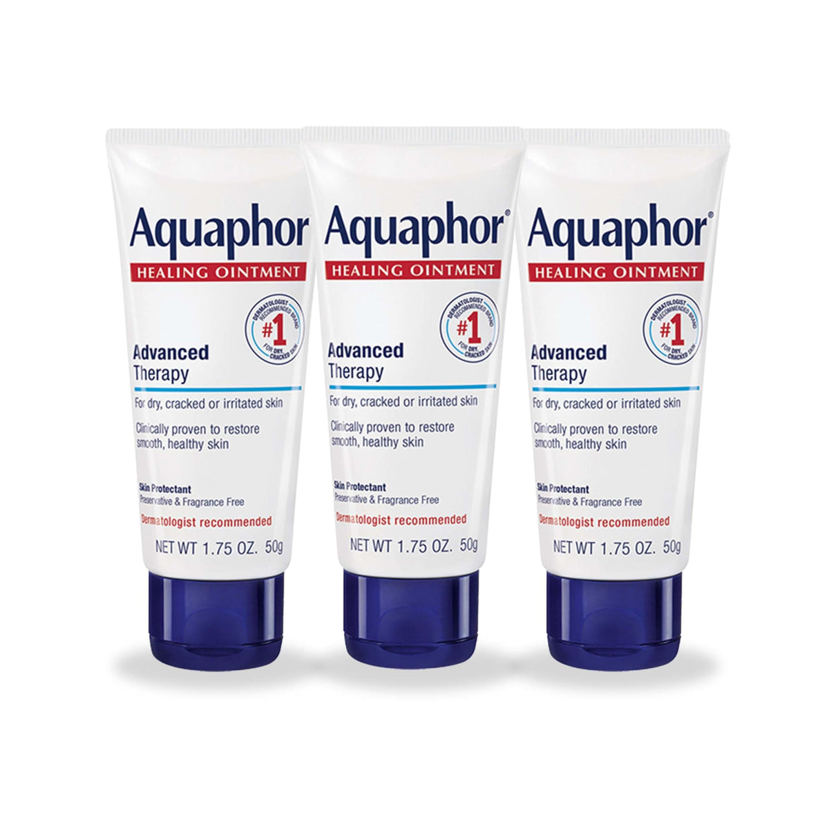 Aquaphor front packaging showing three tubes and portability benefit
