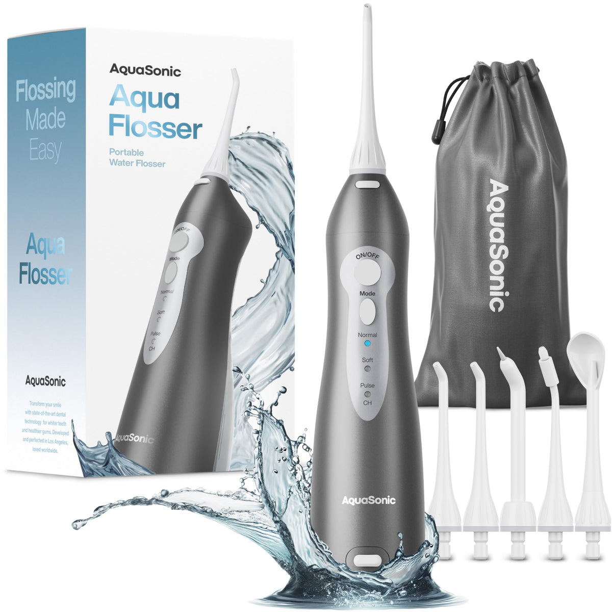 Aquasonic Aqua Flosser front view showing compact waterproof design and easy grip