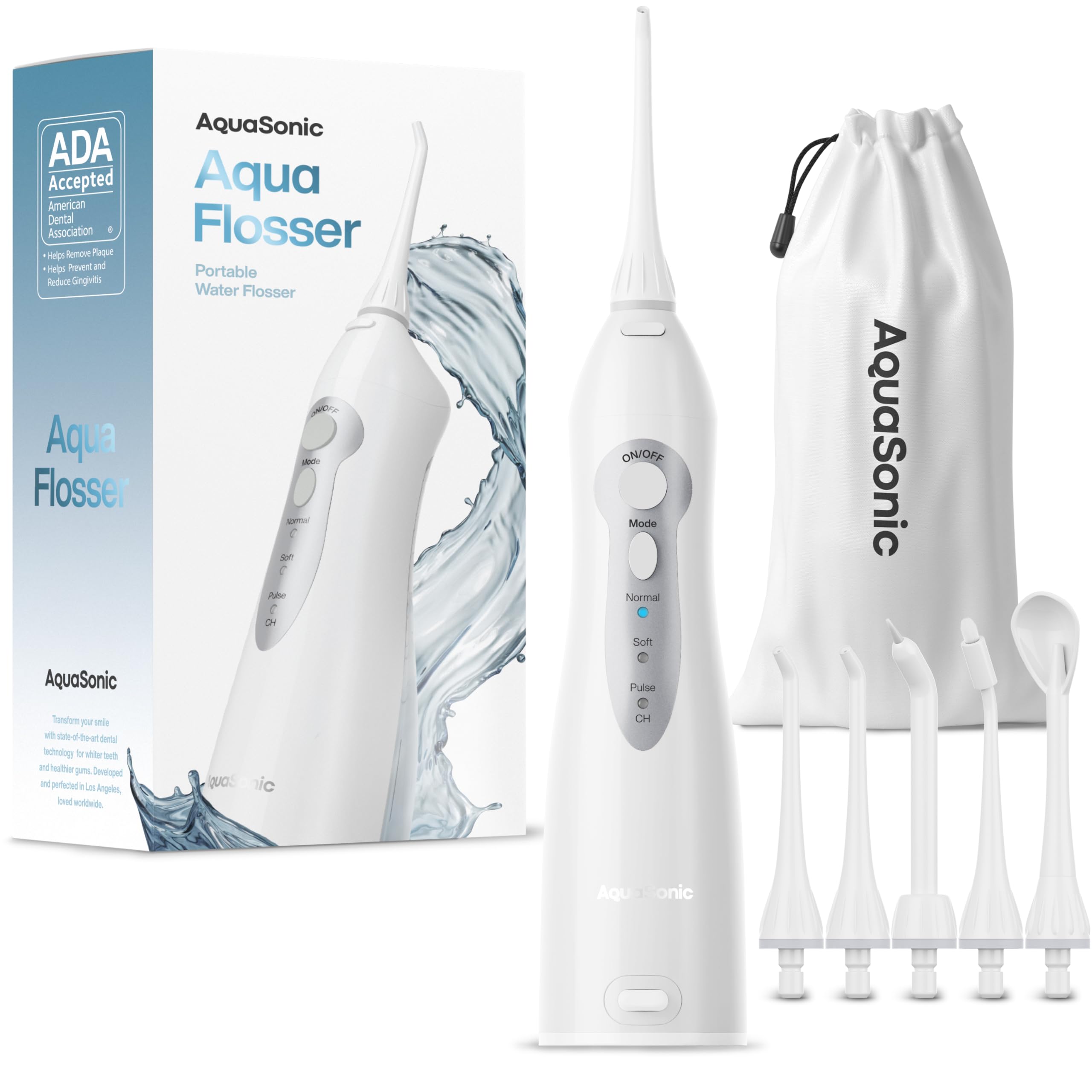 AquaSonic Aqua Flosser front view showing slim waterproof body and controls for easy travel