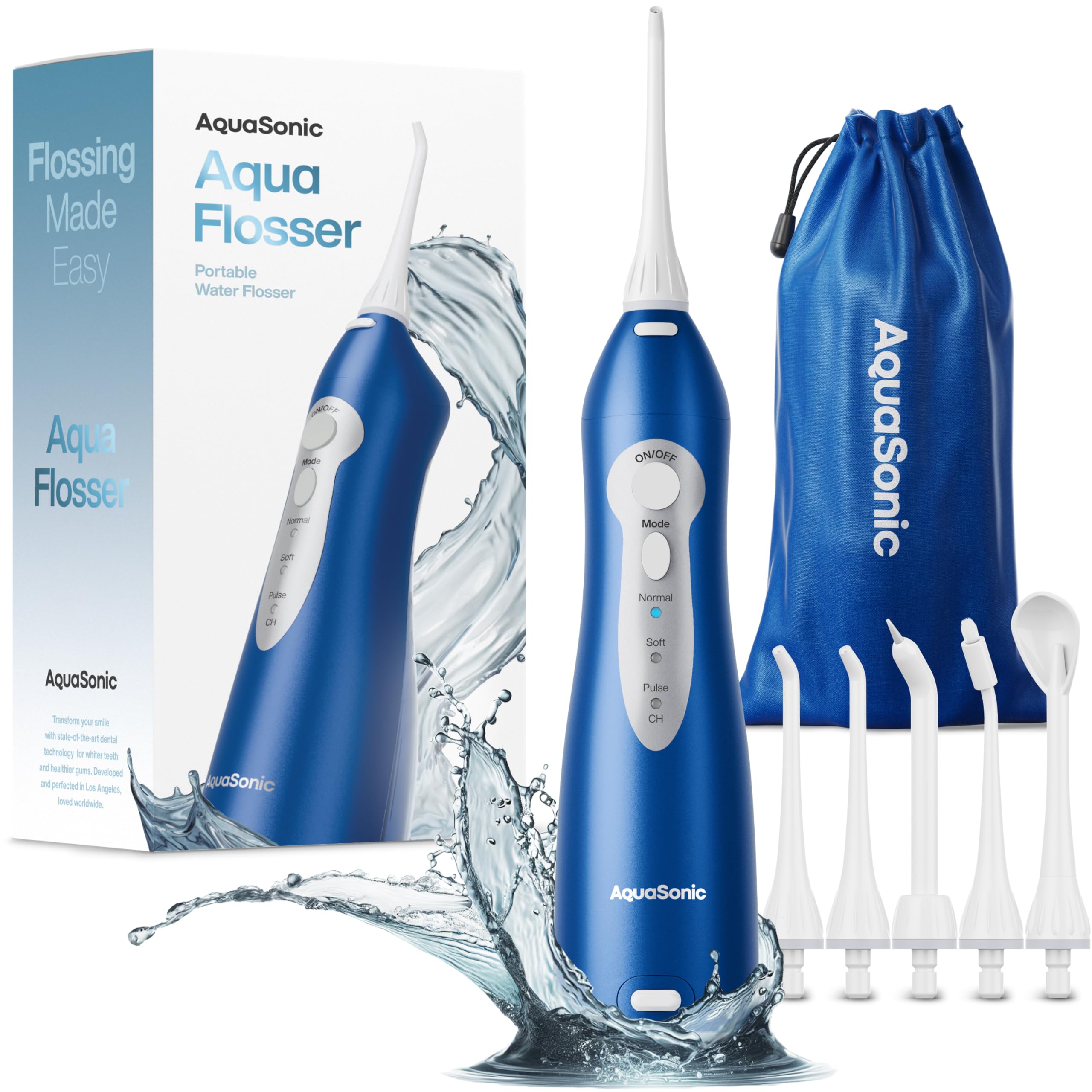 AquaSonic Aqua Flosser front view showing controls and sleek body for easy handling