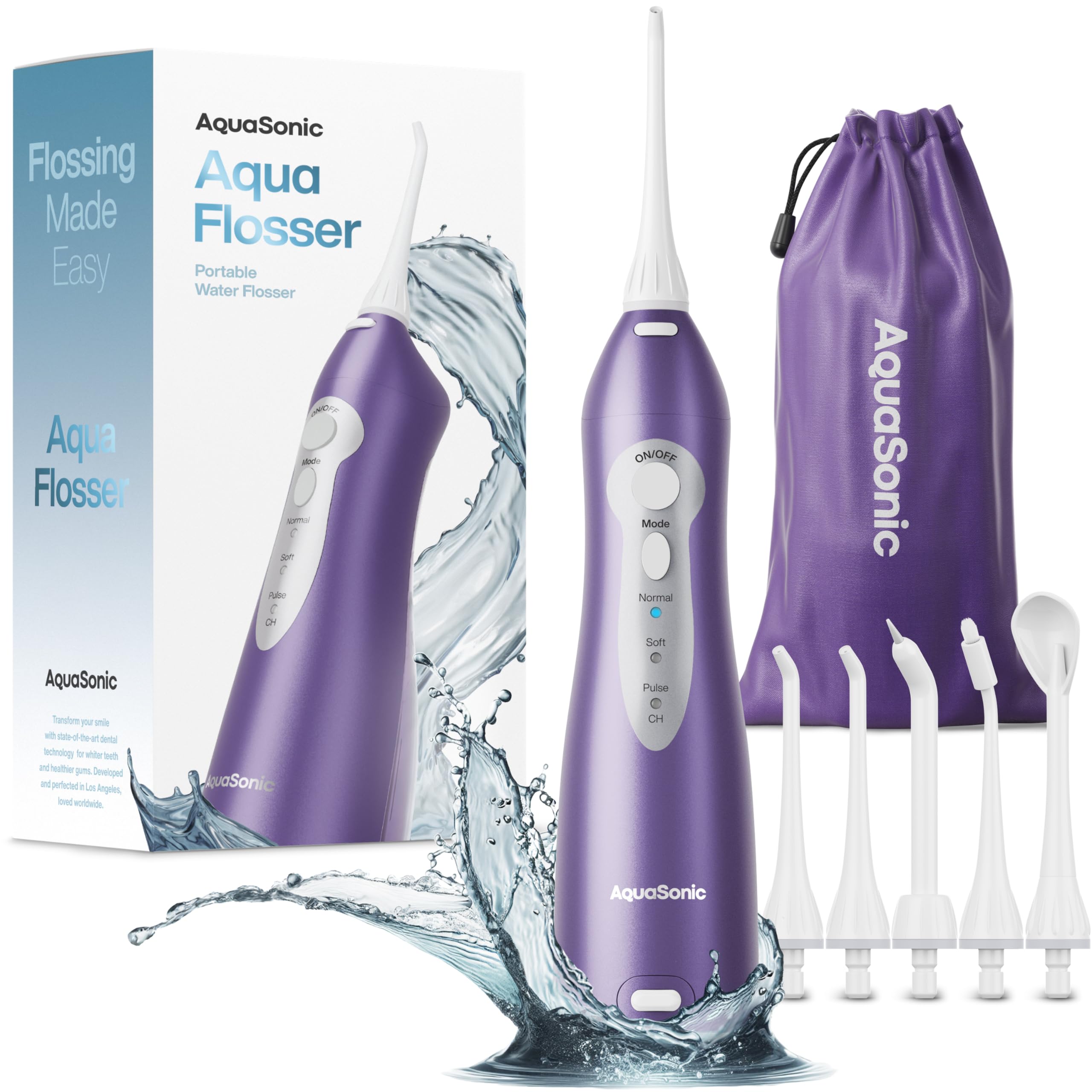 AquaSonic Aqua Flosser front view showing compact waterproof body and controls