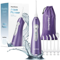 AquaSonic Aqua Flosser front view showing compact waterproof body and controls