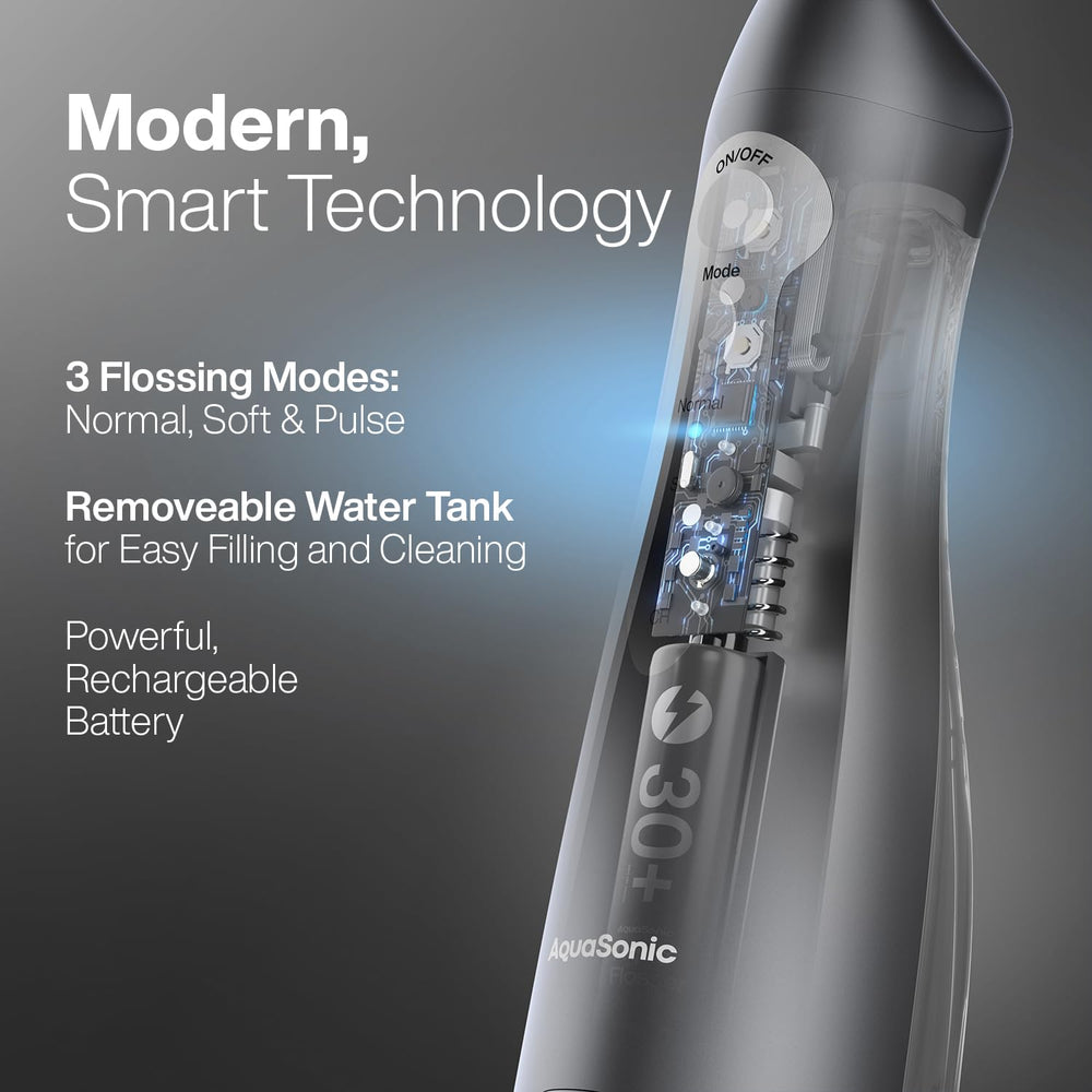 Aquasonic Aqua Flosser with travel bag ready for packing to maintain oral routine