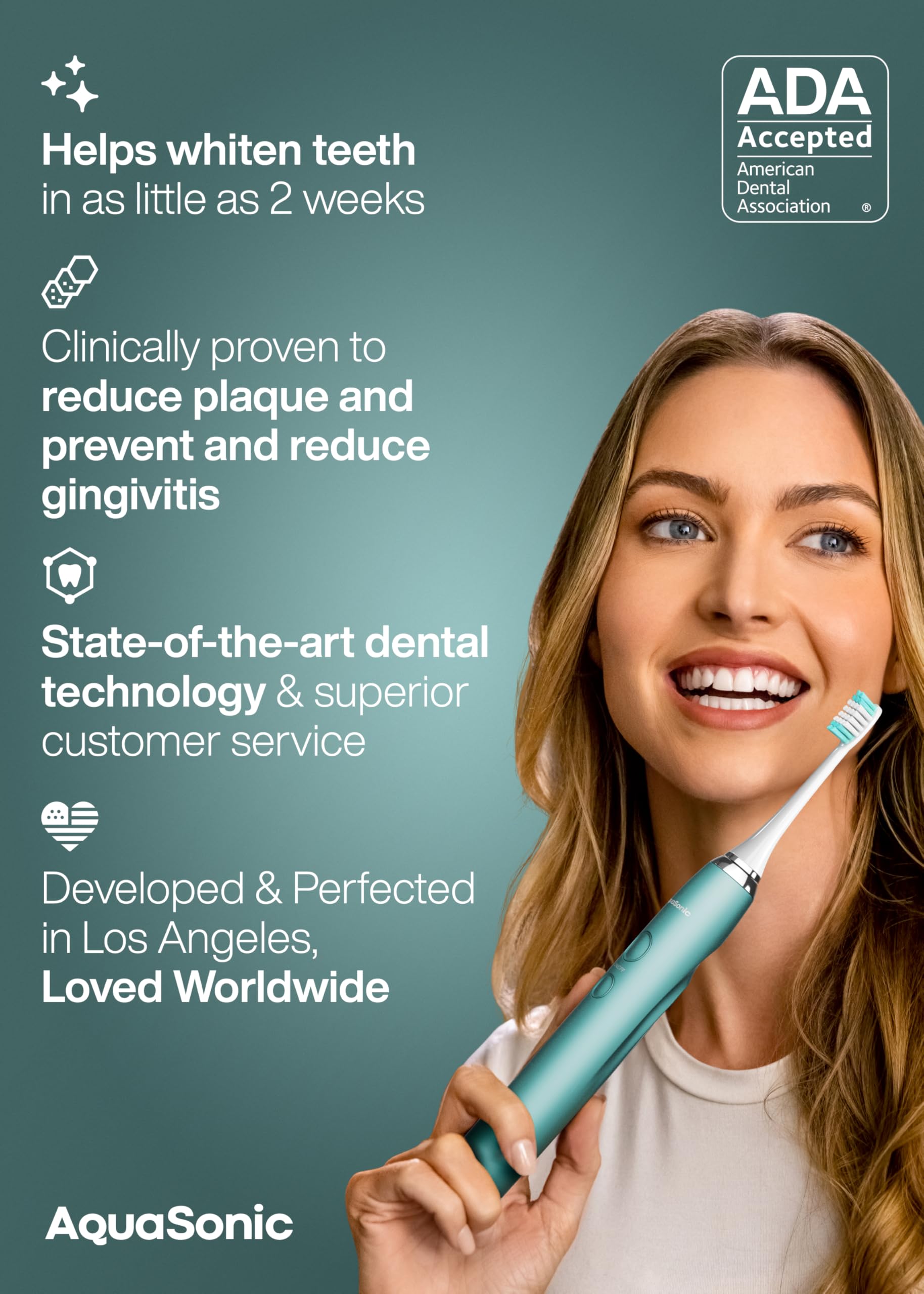 Person brushing with Aquasonic in bathroom showing improved daily oral care routine