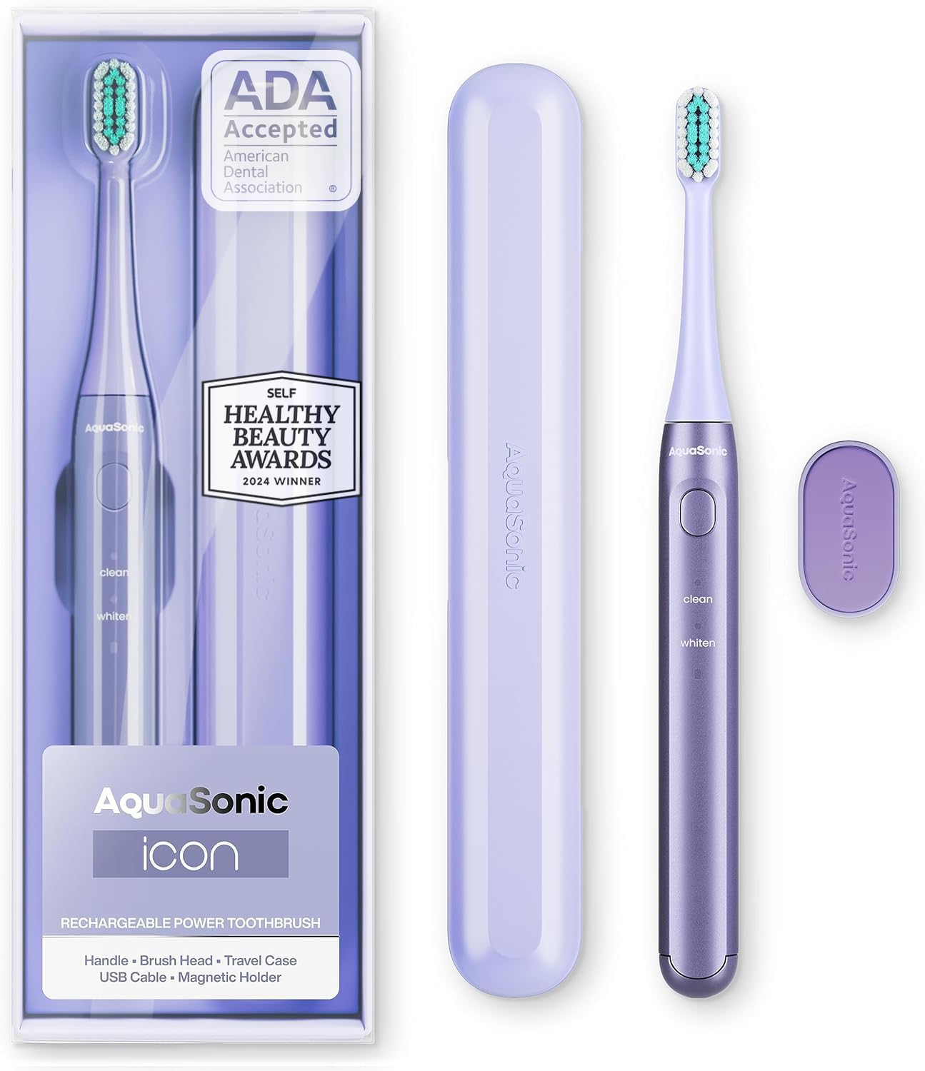 Aquasonic Icon lilac toothbrush front view showing sleek design and easy grip