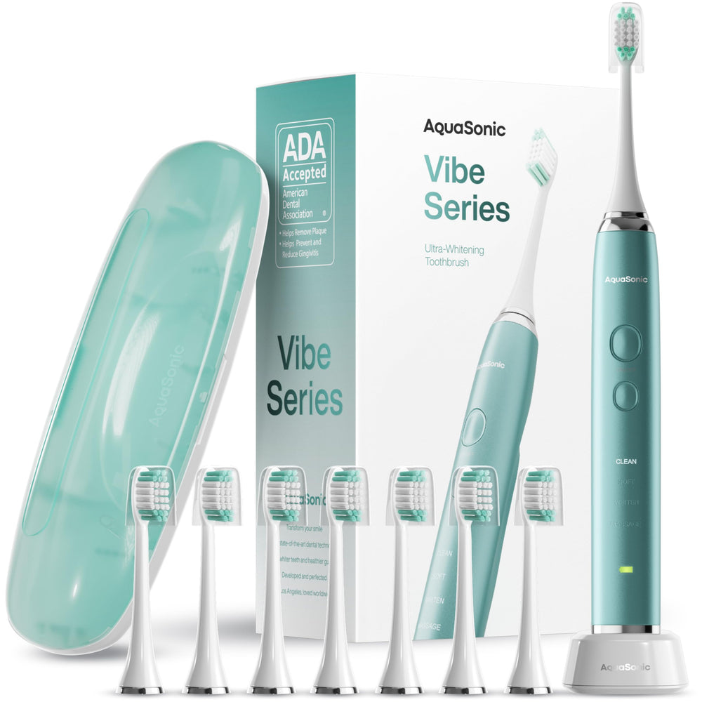 Aquasonic mint green metallic handle front view showing sleek design and easy grip