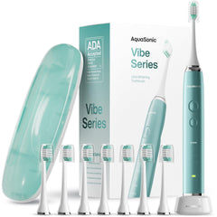 Aquasonic mint green metallic handle front view showing sleek design and easy grip