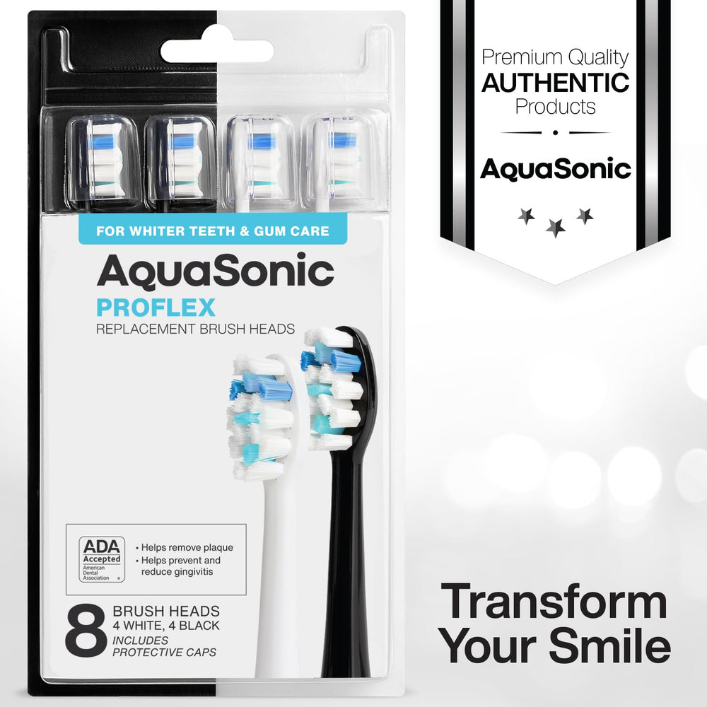 AquaSonic black and white ProFlex heads displayed to show color options