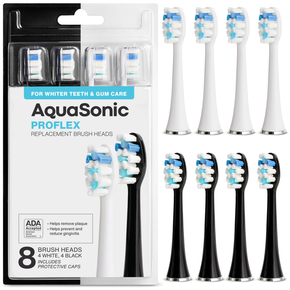 AquaSonic front packaging showing eight ProFlex replacement heads and benefits