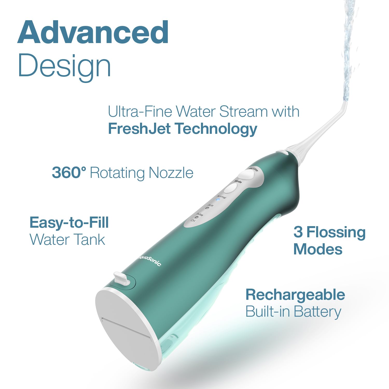 AquaSonic five interchangeable tips displayed for braces, periodontal, and tongue care
