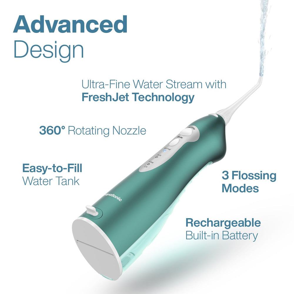 AquaSonic five interchangeable tips displayed for braces, periodontal, and tongue care