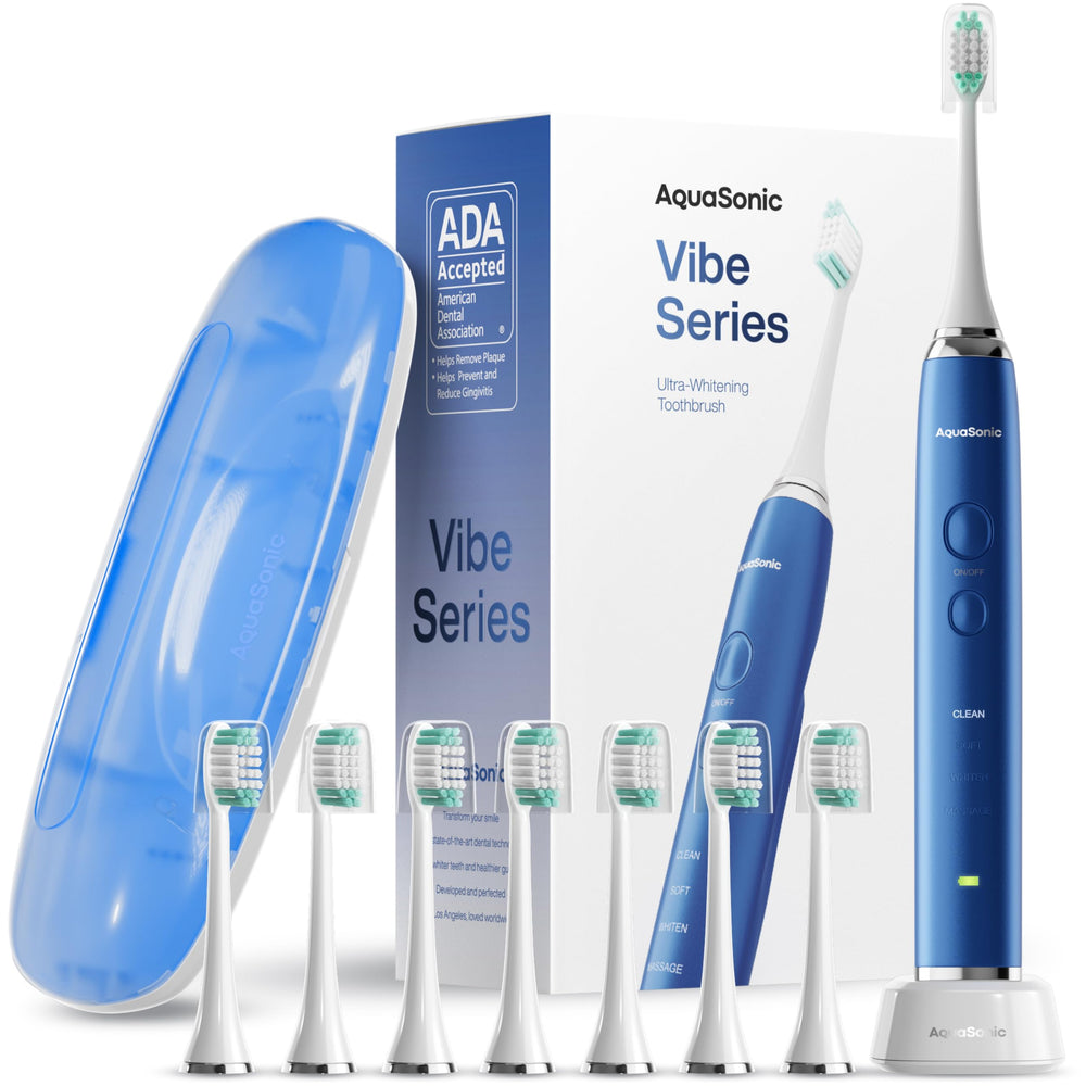 Aquasonic Vibe Series front view in sapphire blue showing sleek handle and benefits of modern design