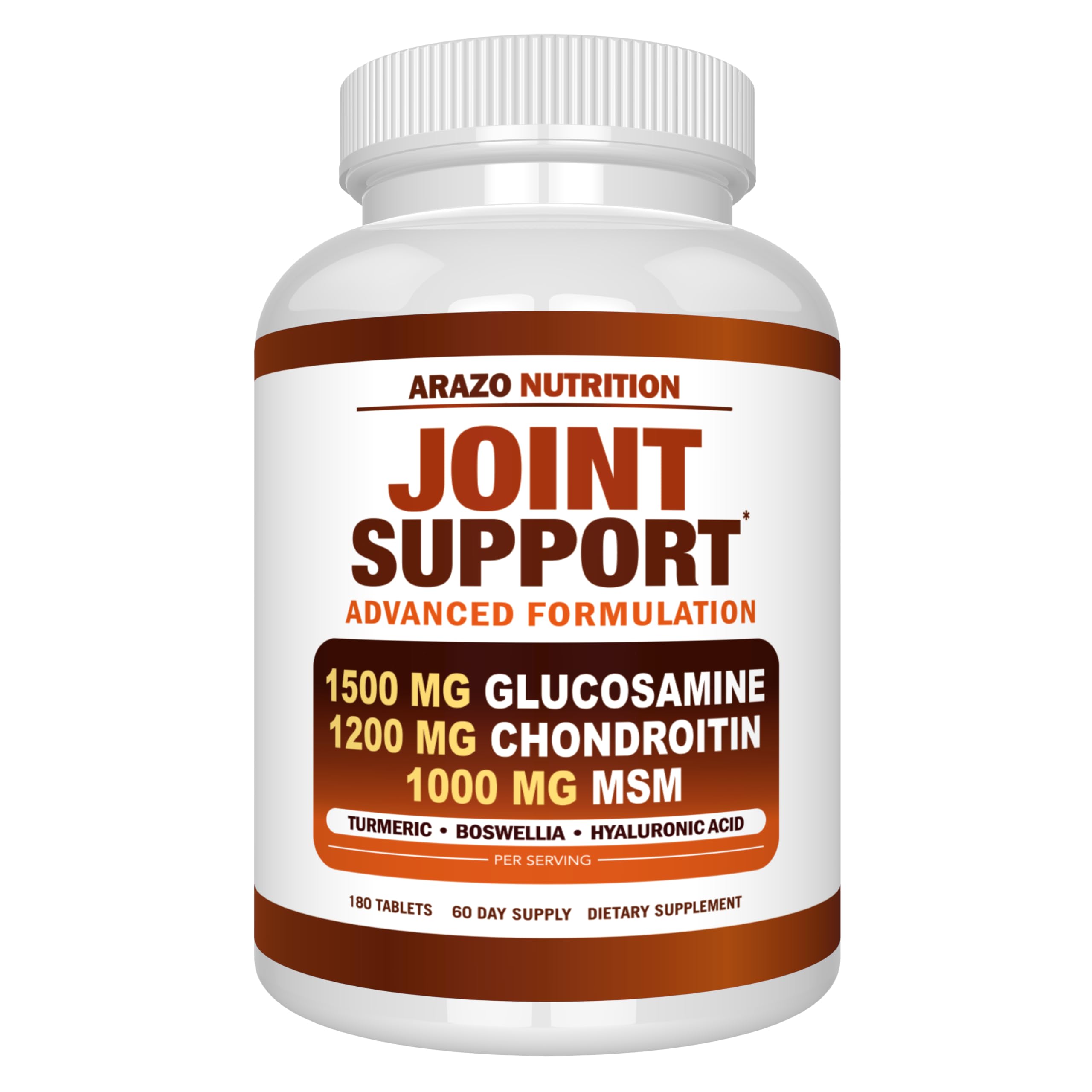 Arazo Nutrition front label showing 180 tablets and joint support benefits