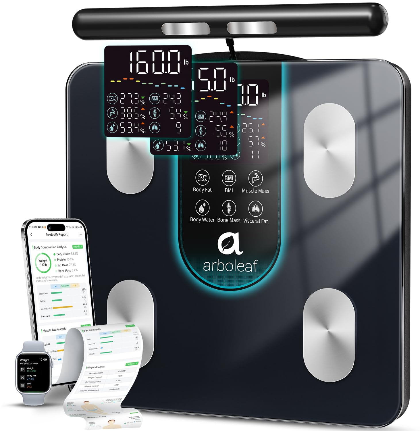 arboleaf front display showing seven key body metrics for quick insights