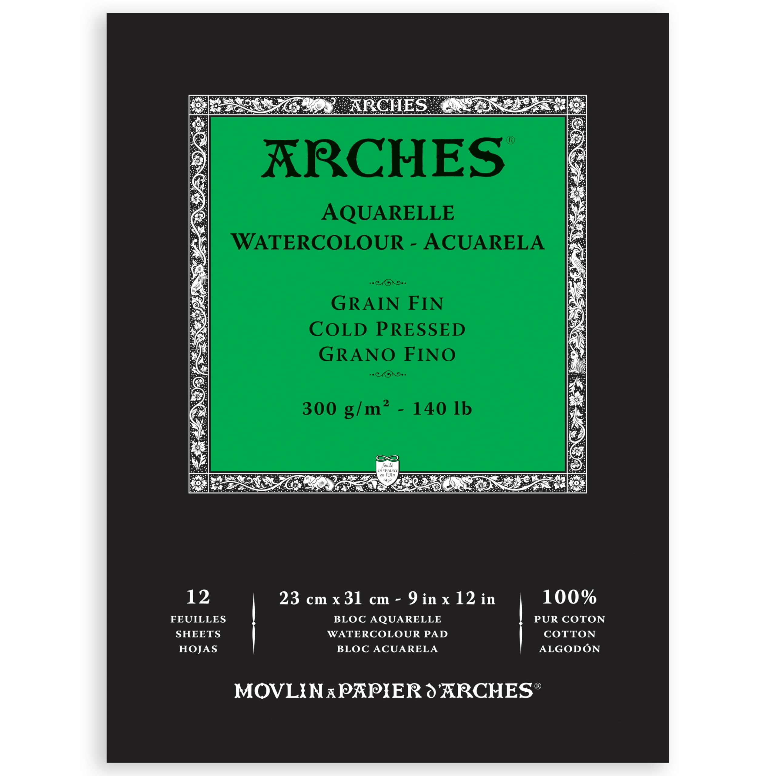 Arches cold press pad front cover showing size and brand, professional quality