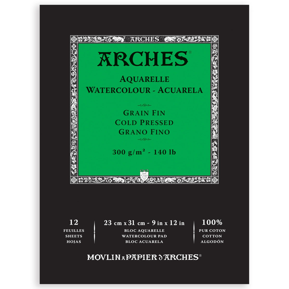 Arches cold press pad front cover showing size and brand, professional quality