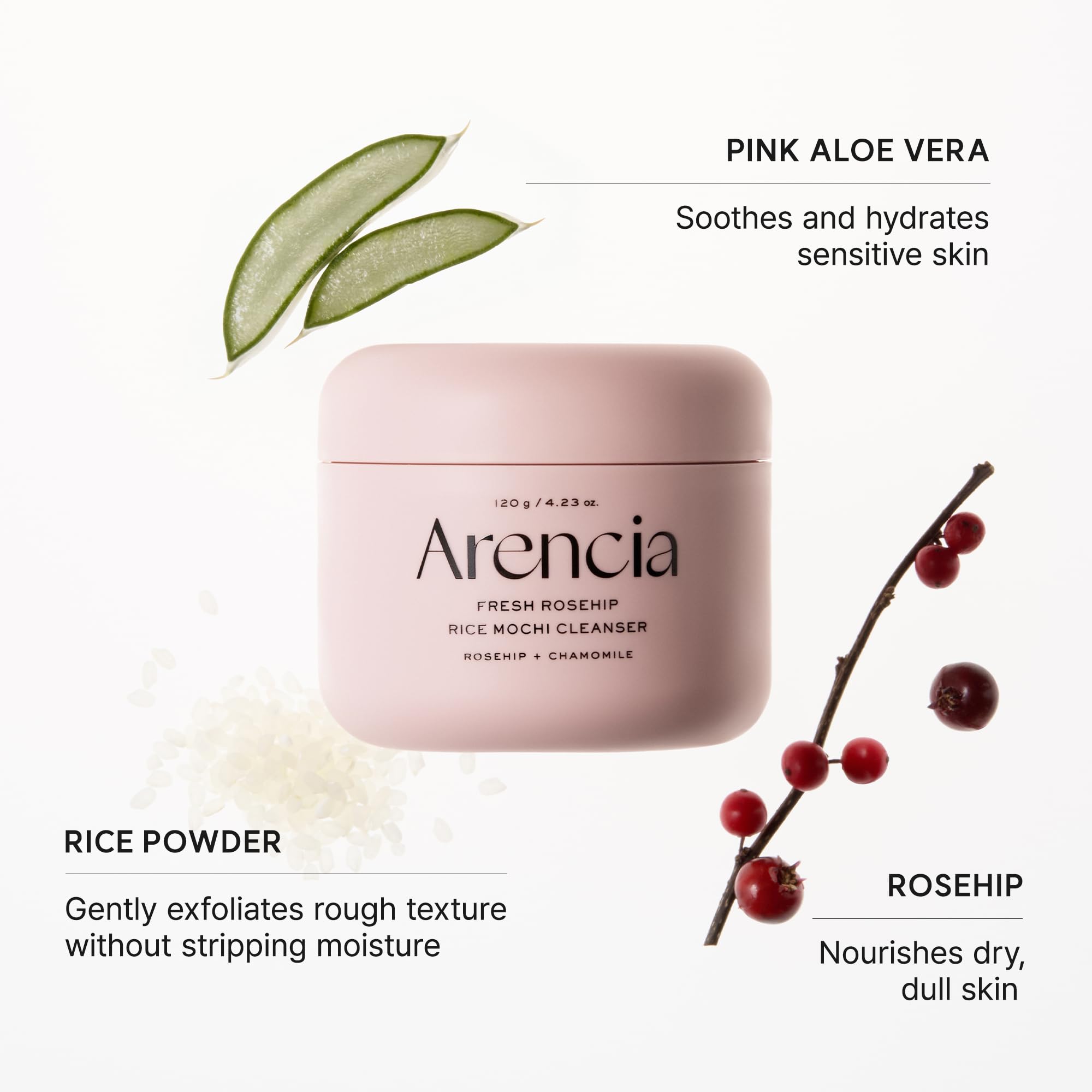 ARENCIA product held in hand showing 4.23oz scale and travel-friendly benefit