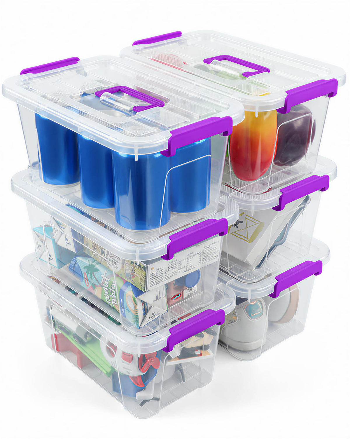 AREYZIN front view of 6-pack clear storage bins showing stackability and organization benefit