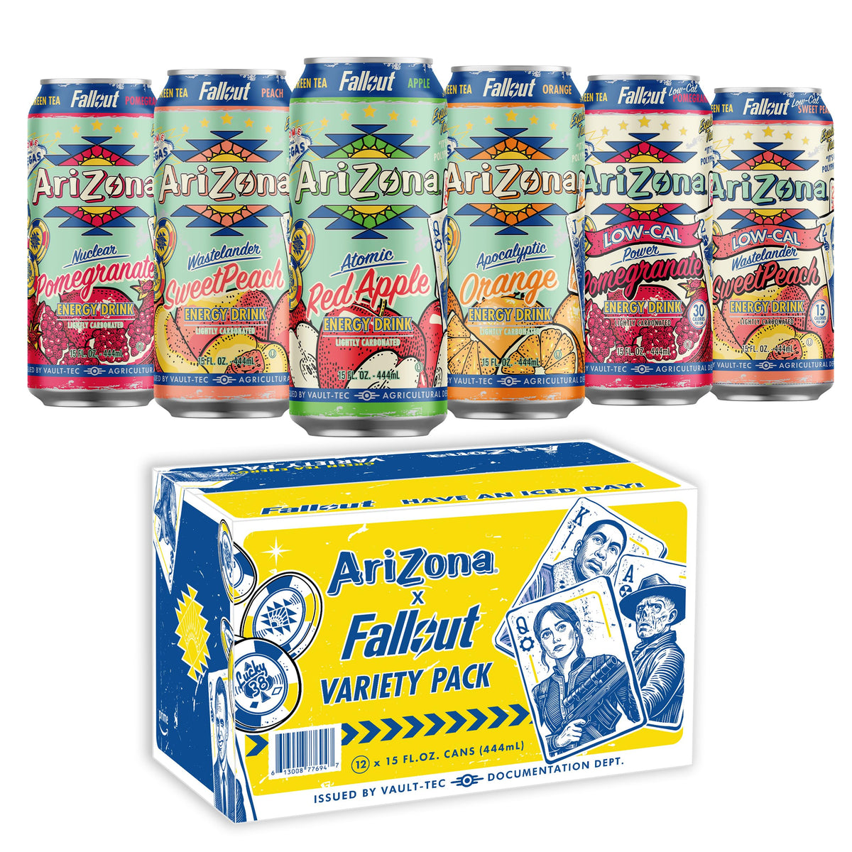 AriZona x Fallout variety pack front view showing six flavored cans and colorful artwork informing collectors