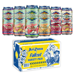 AriZona x Fallout variety pack front view showing six flavored cans and colorful artwork informing collectors
