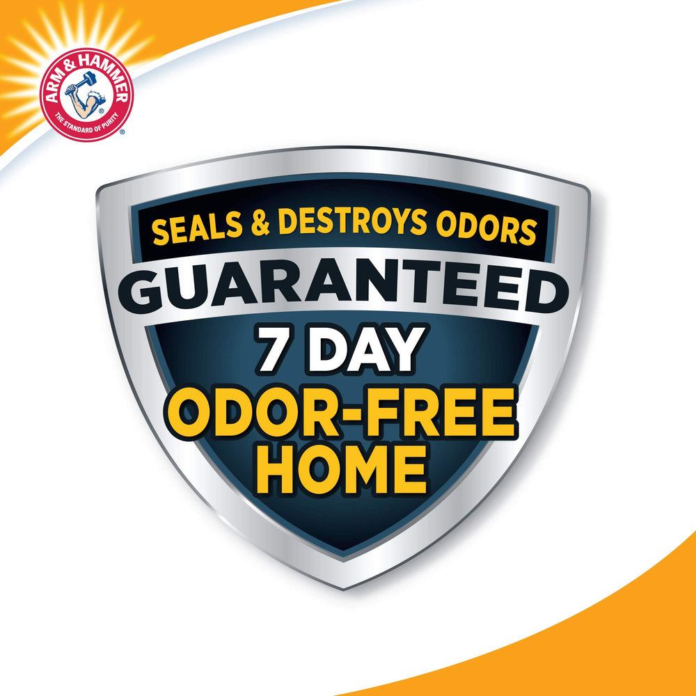 arm & hammer bag beside household items showing 14 lb size and convenience