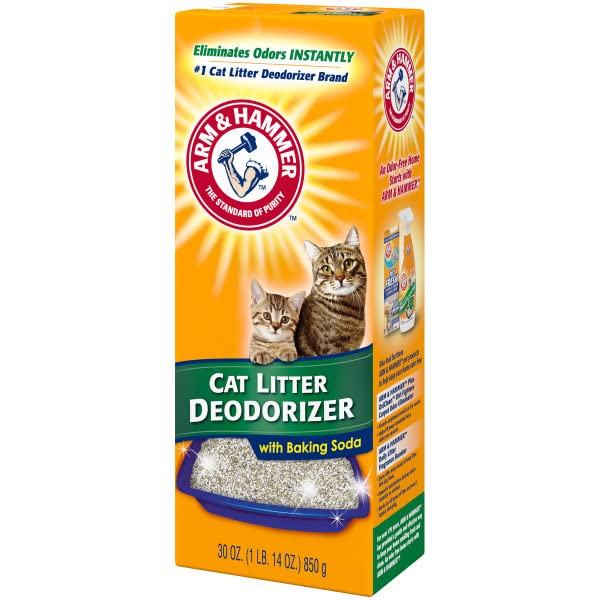 ARM & Hammer being poured into litter to show easy application and freshness
