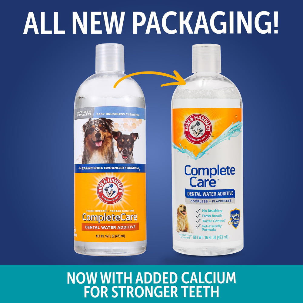 Arm & Hammer bottle added to dog water bowl while dog drinks, supports fresh breath