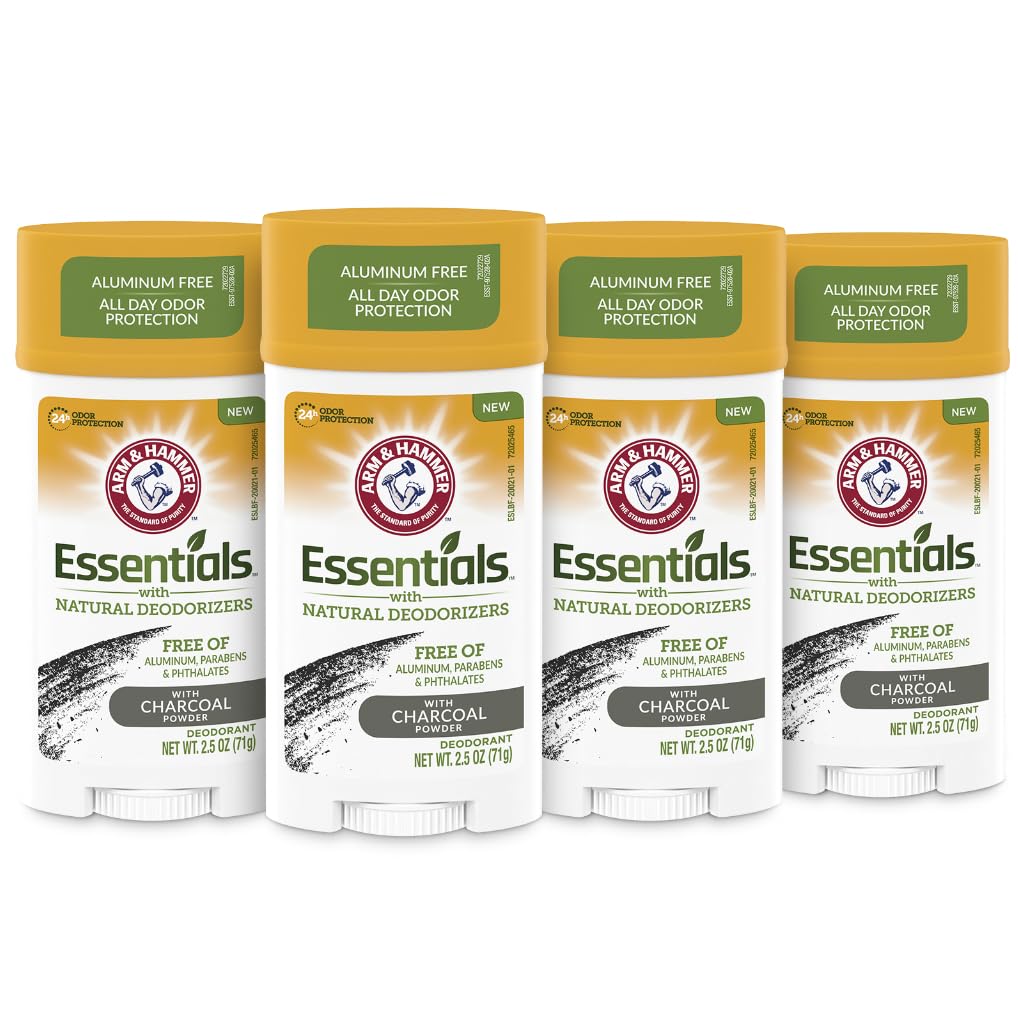 Arm & Hammer front packaging showing four charcoal deodorant sticks and freshness