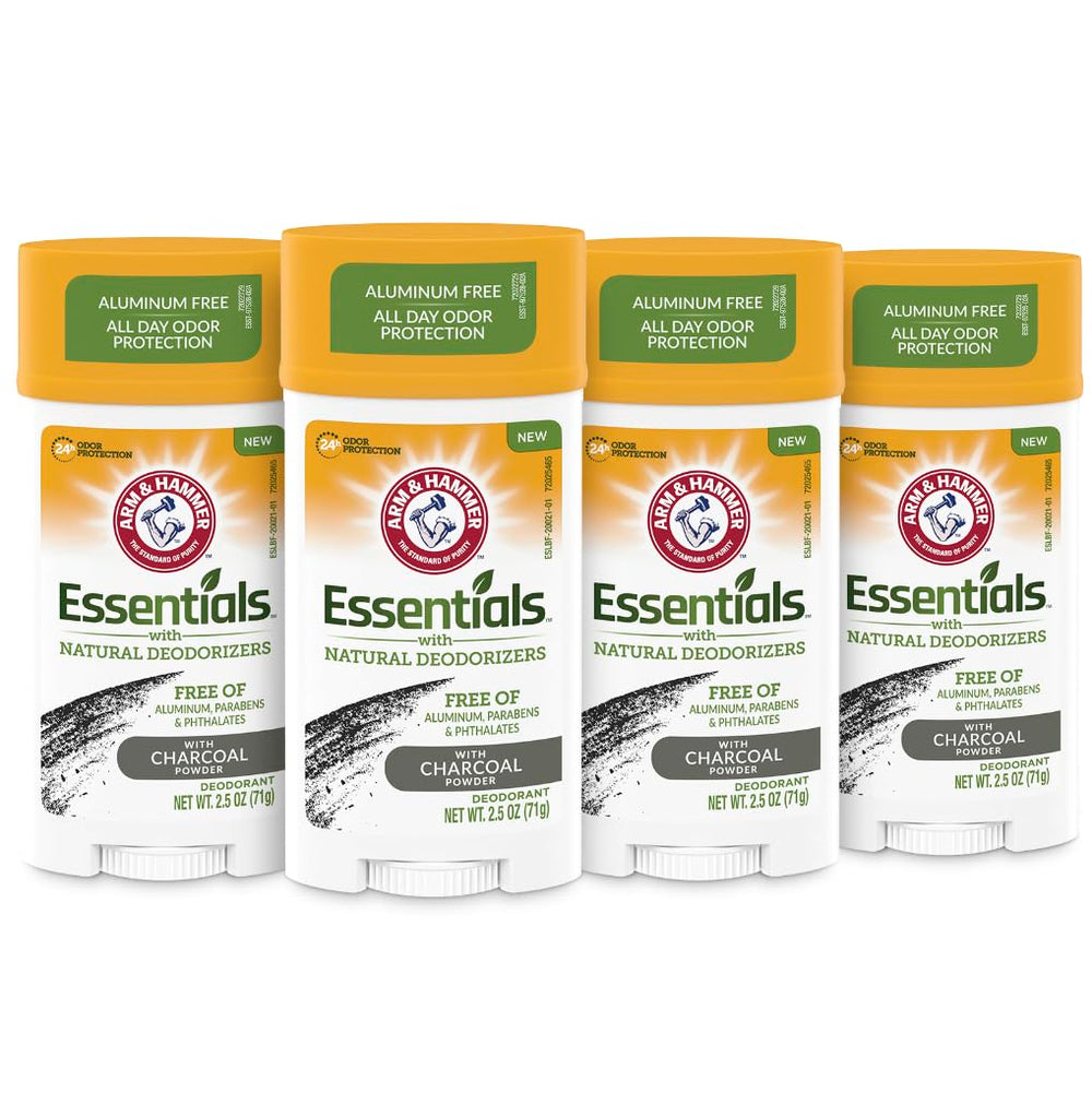 Arm & Hammer front packaging showing four charcoal deodorant sticks and freshness