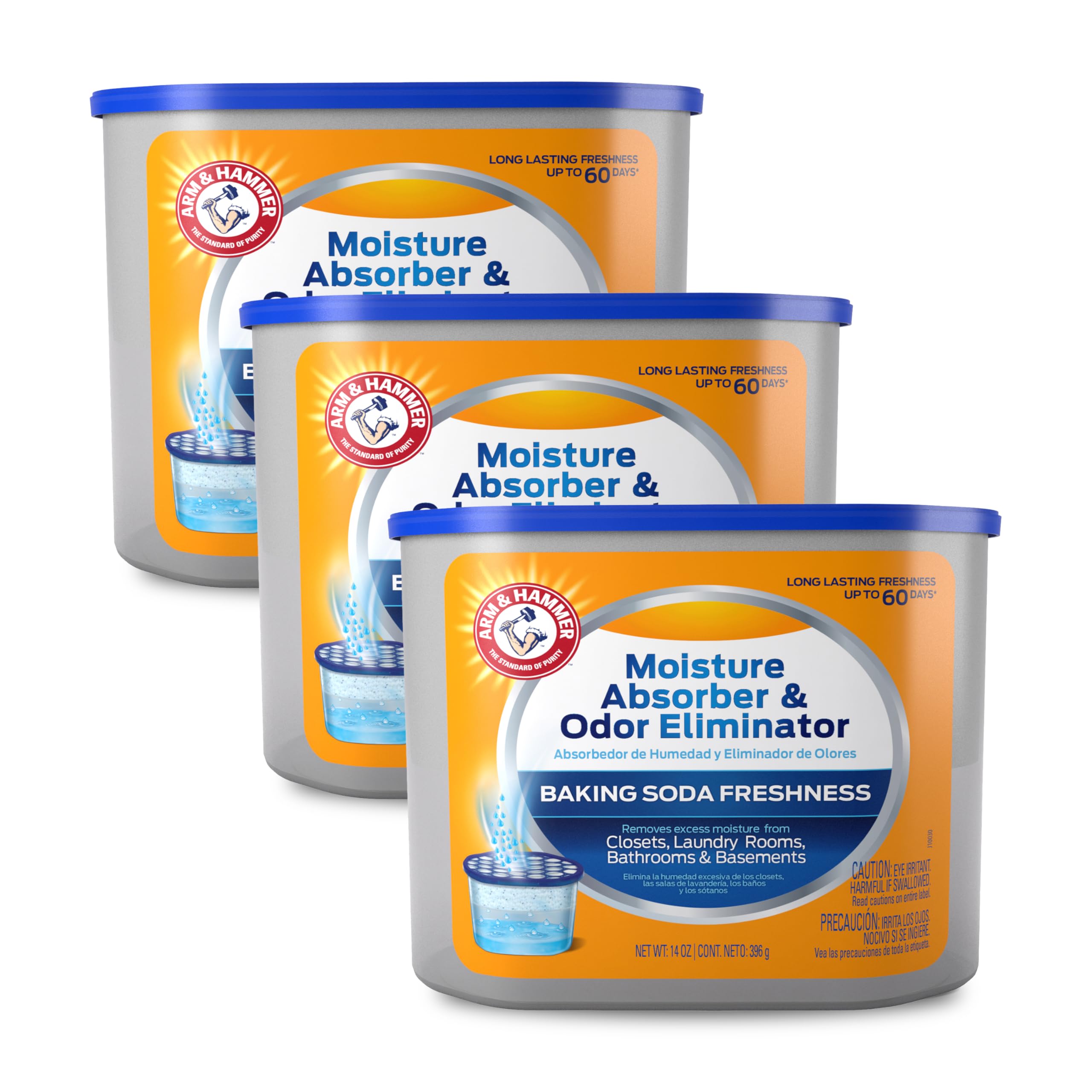 Arm & Hammer front packaging of 14 oz tub showing product benefit of moisture control