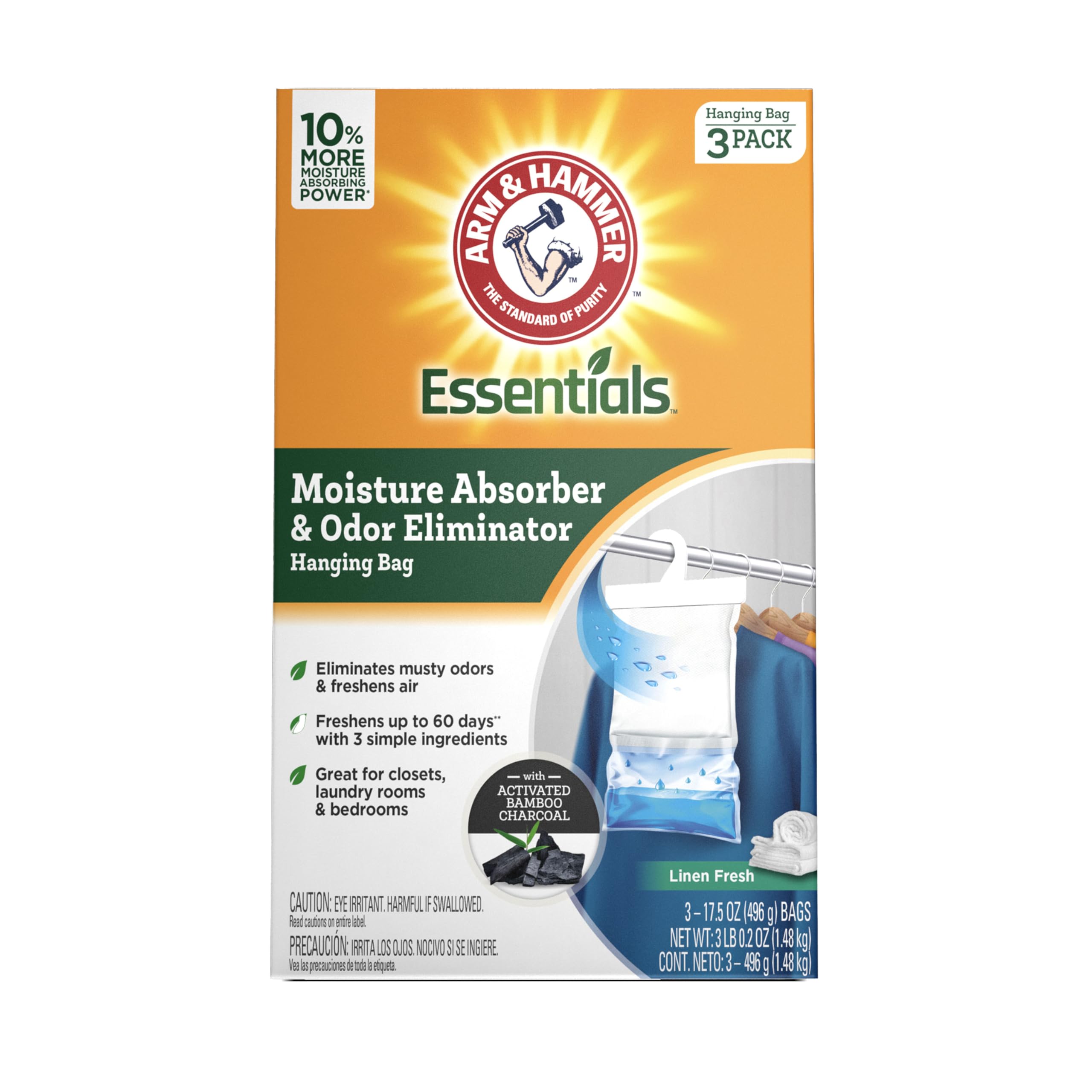 Arm & Hammer hanging bag front packaging showing linen fresh scent and benefits